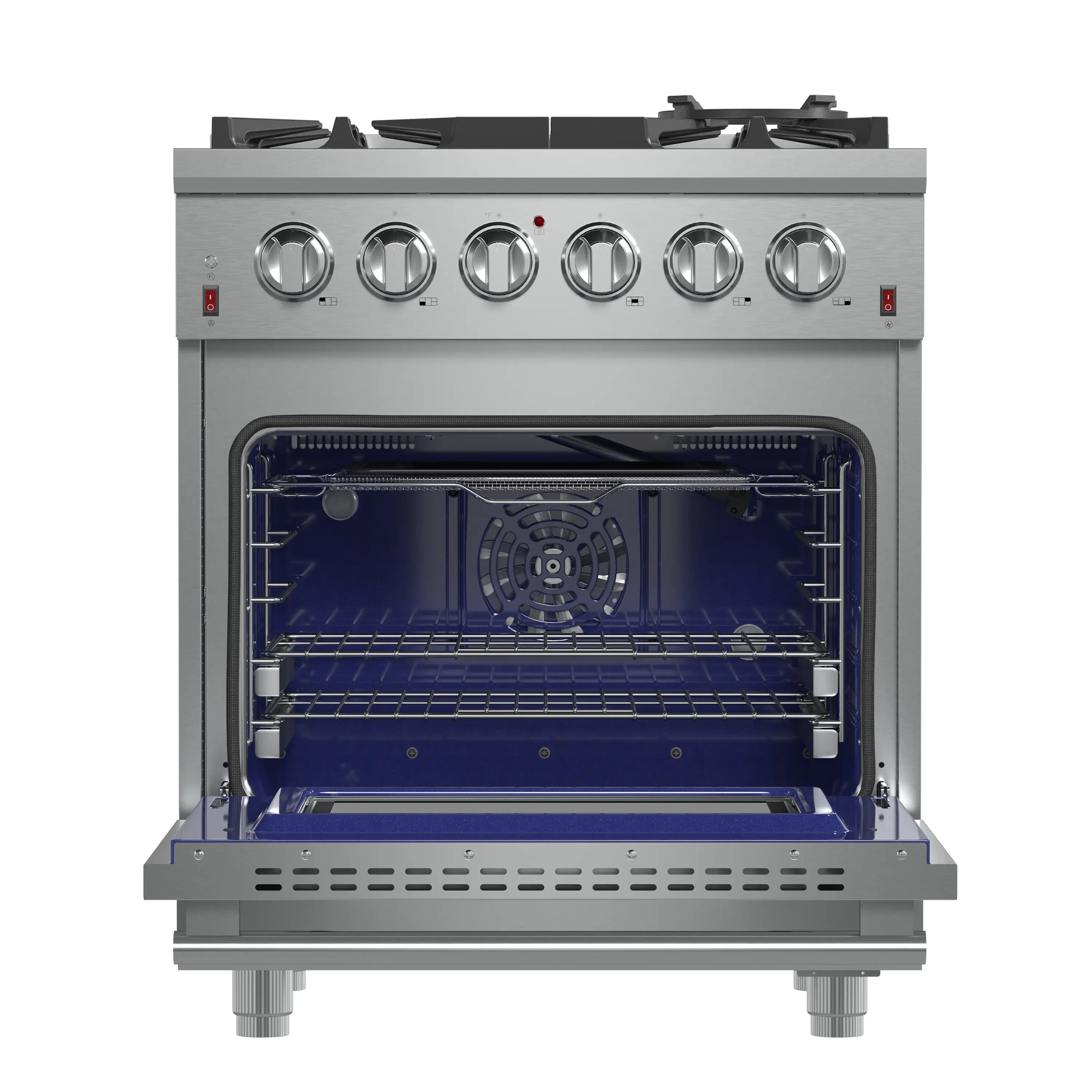 Open stainless steel 30-inch gas range oven door showing racks and fan detail