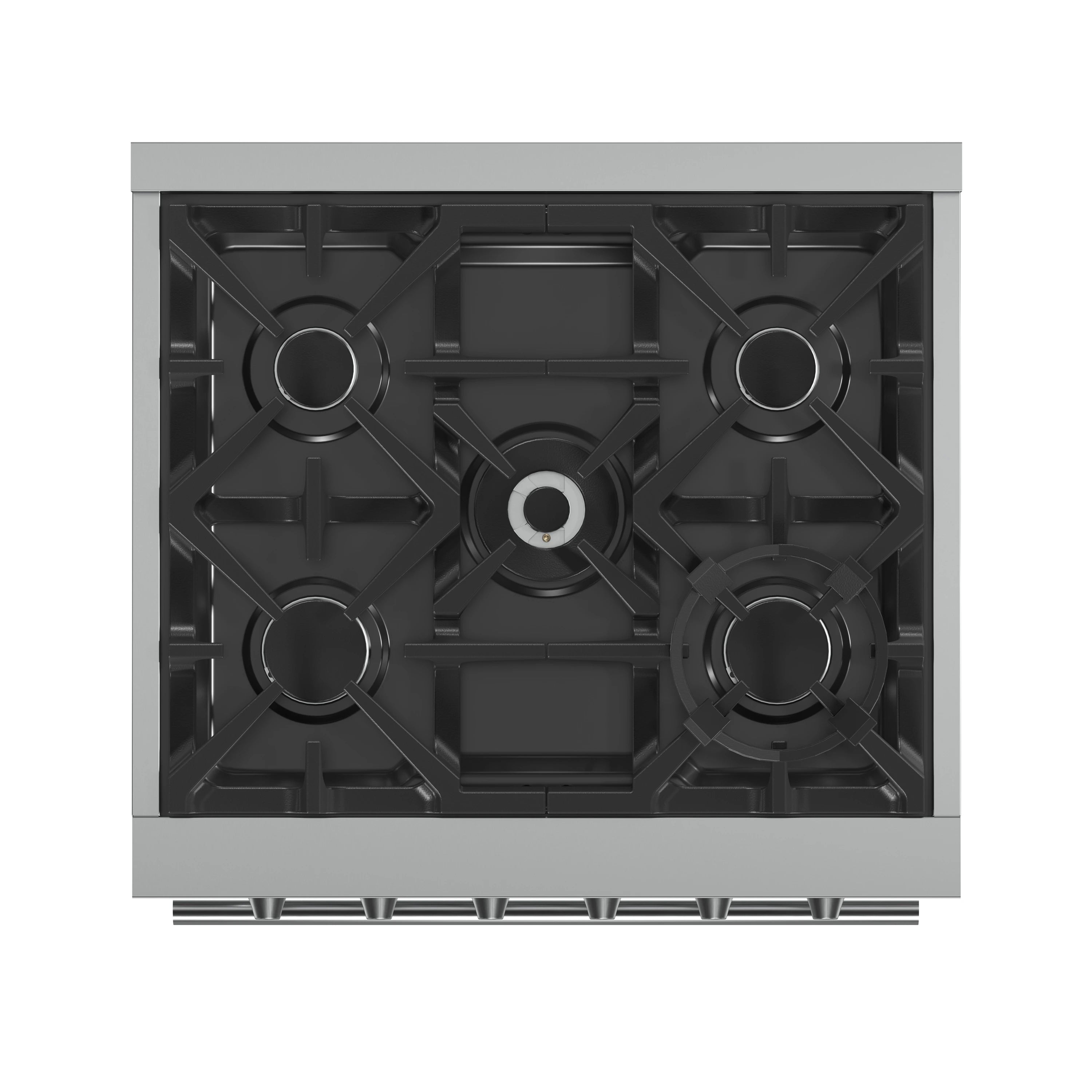 Stainless steel gas cooktop with five burner grates and black burner caps