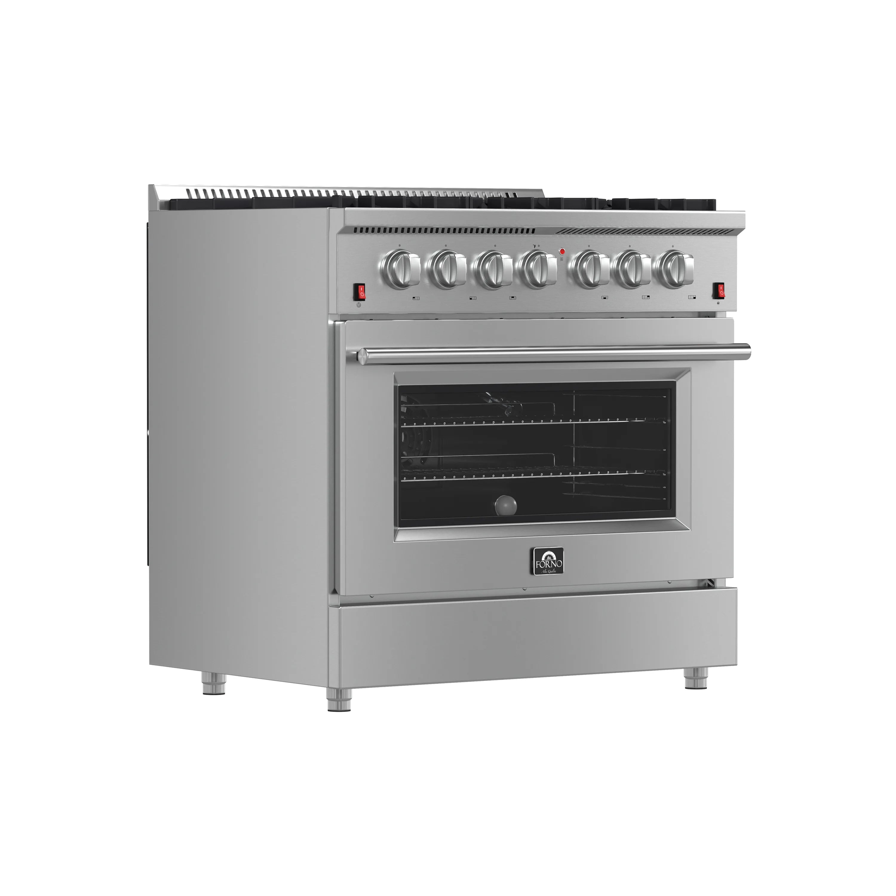 Stainless steel 36-inch gas range with 6 burner knobs and closed oven door