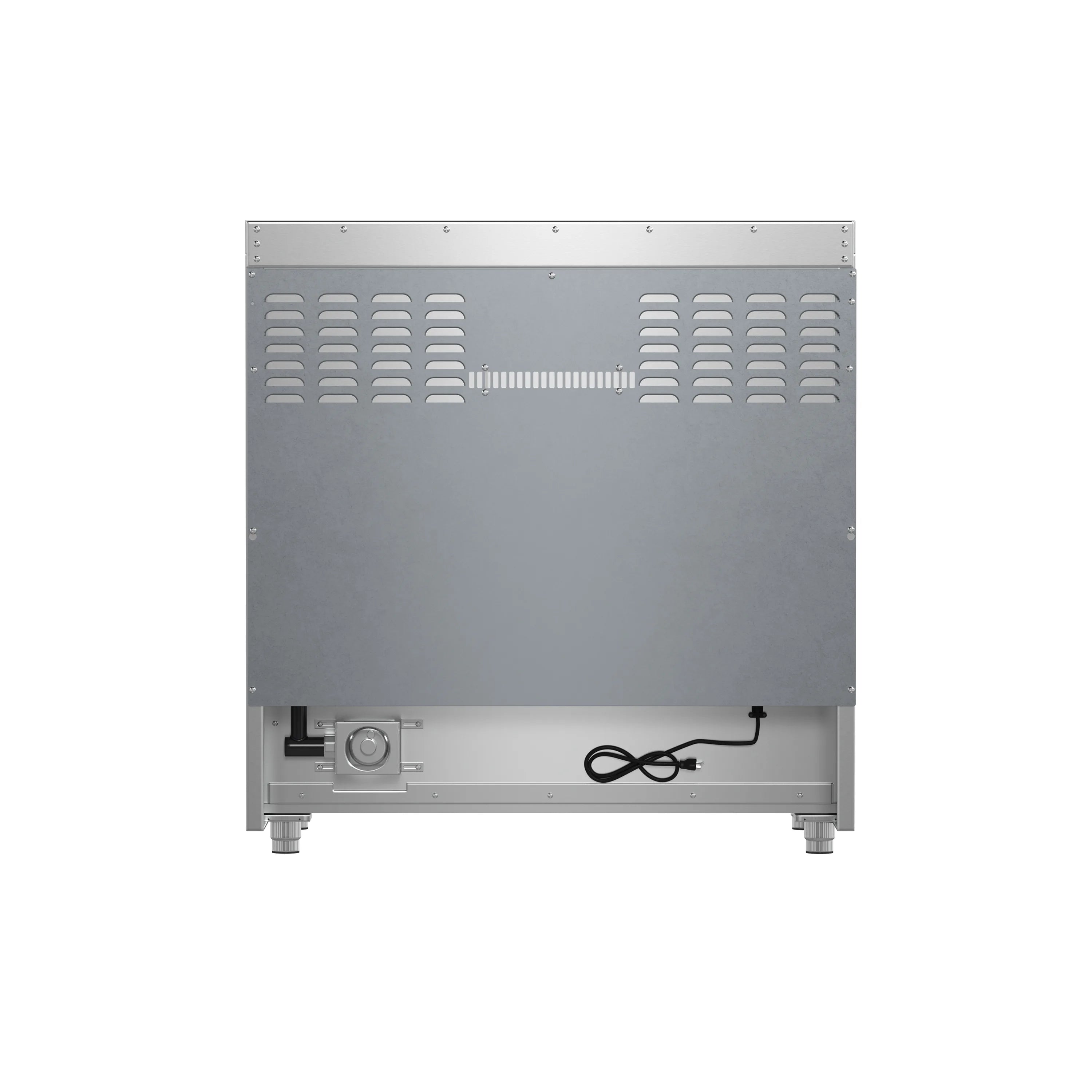 Stainless steel 36-inch gas range rear panel with power cord and ventilation grilles