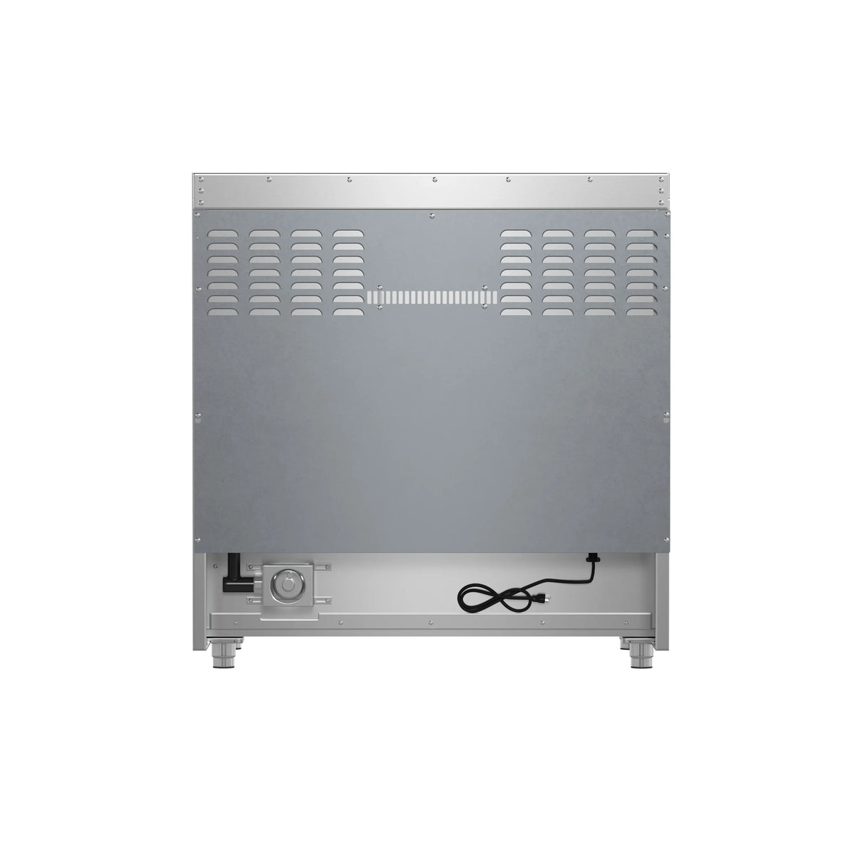 Stainless steel appliance base with control dial, vents, and power connection