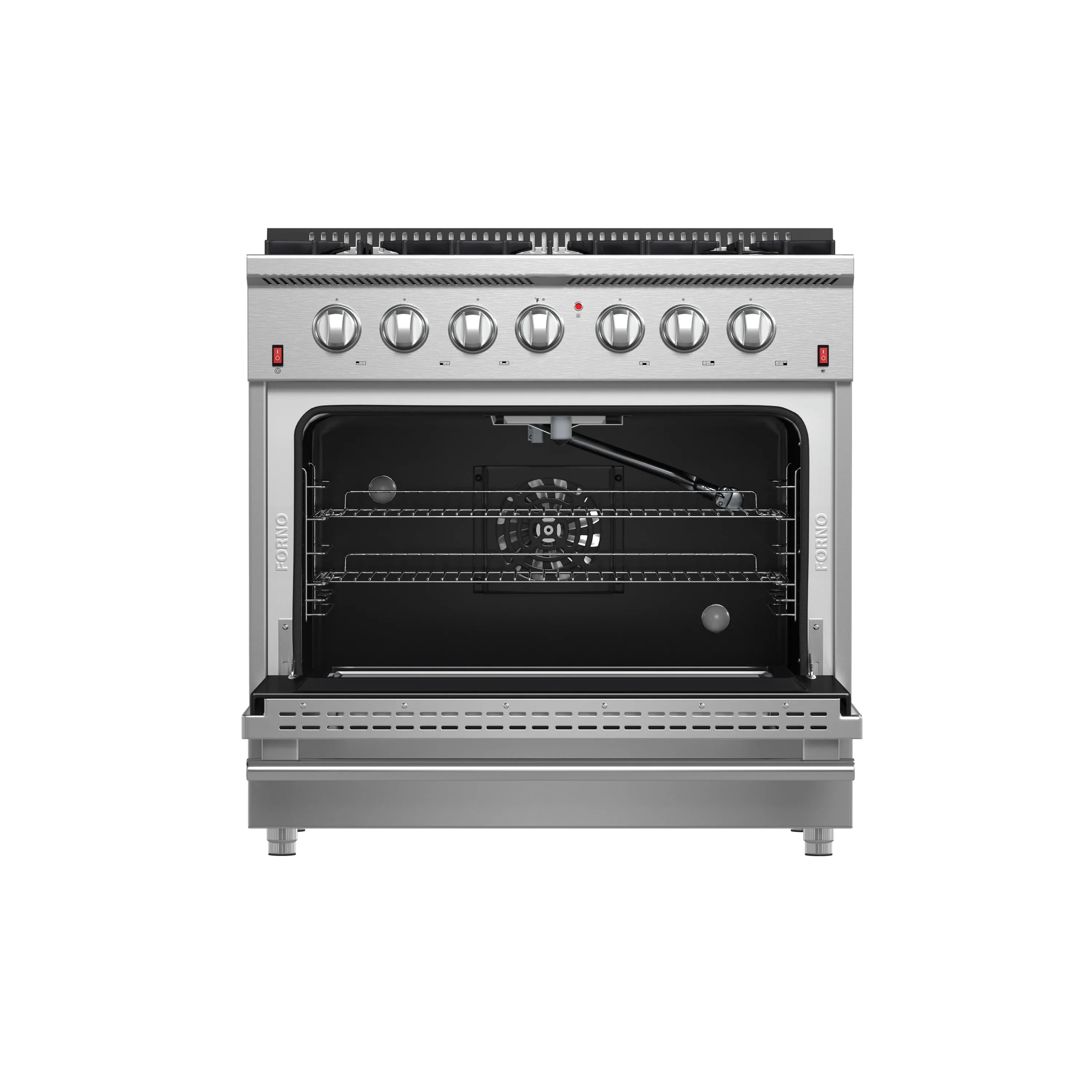 Forno 3-Piece Appliance Package - 36-Inch Gas Range, Refrigerator, & Wall Mount Hood with Backsplash in Stainless Steel