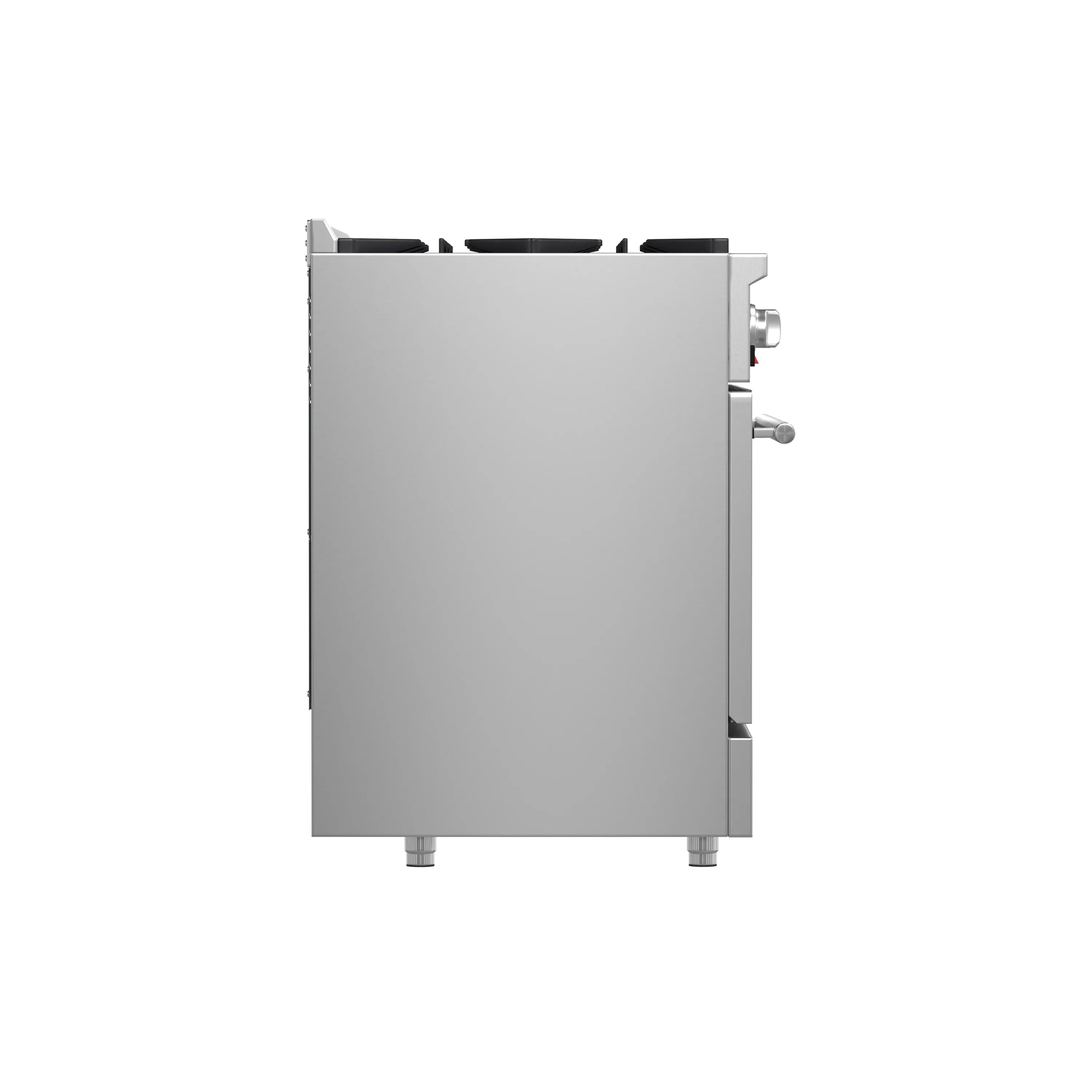 Stainless appliance side panel with control knobs and rear leveling feet