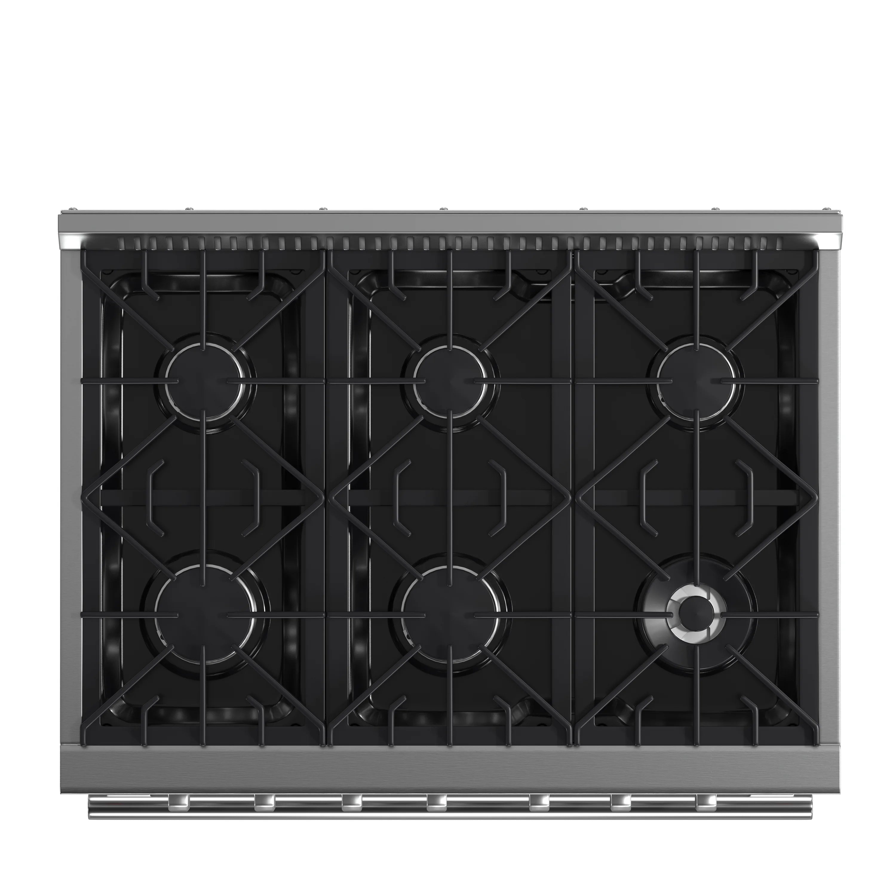 Stainless steel 36-inch gas range cooktop with 6 black burner grates