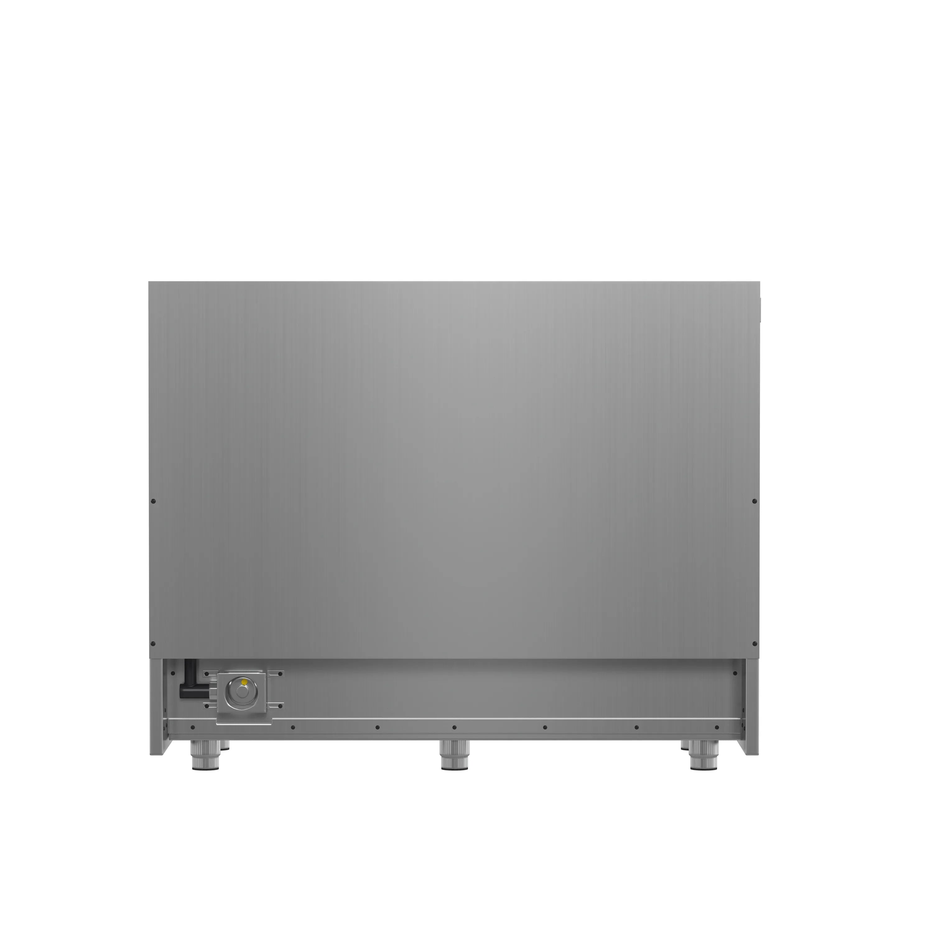 Stainless appliance back panel with mounting bracket and leveling feet