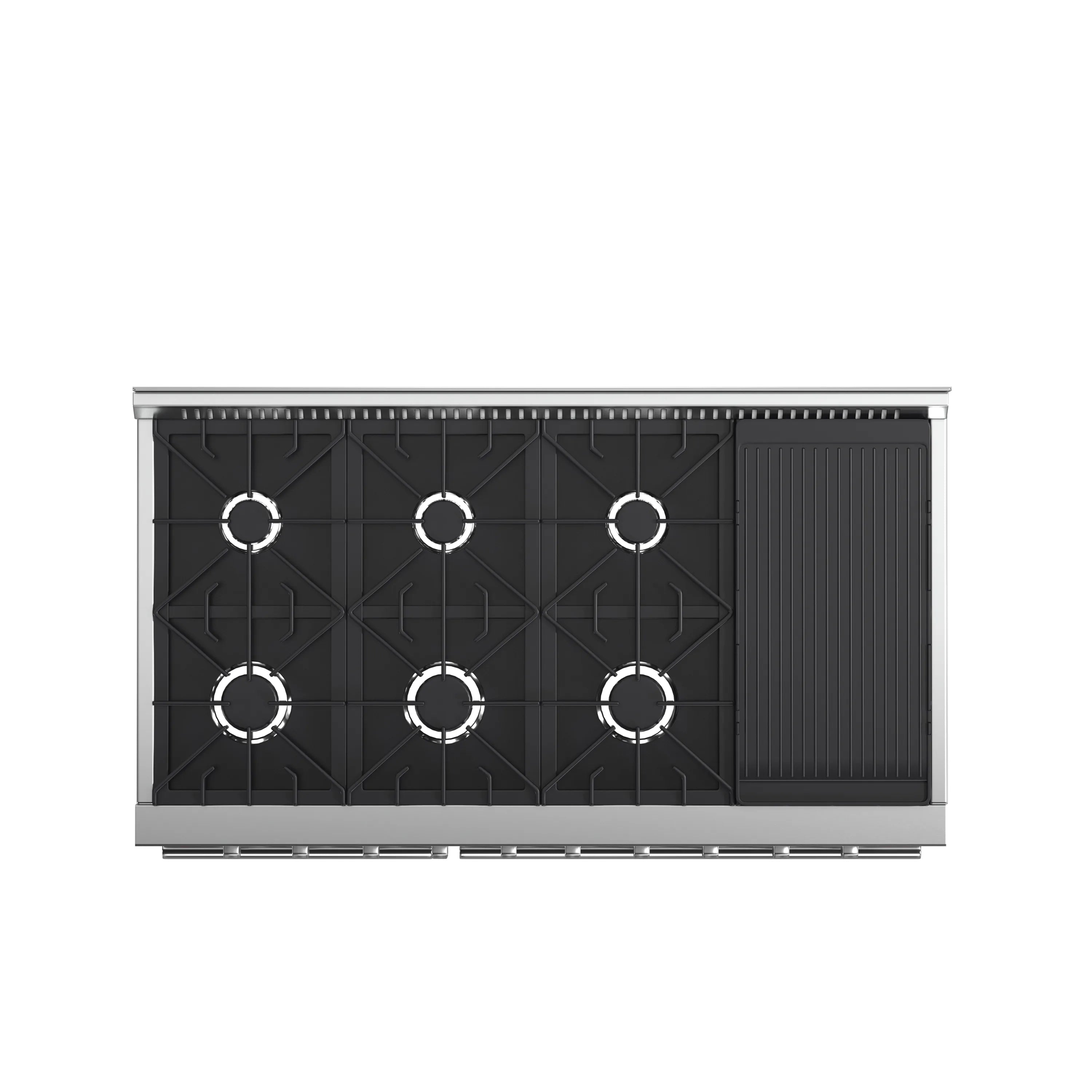 Gas cooktop with black griddle surface and burner grate circles