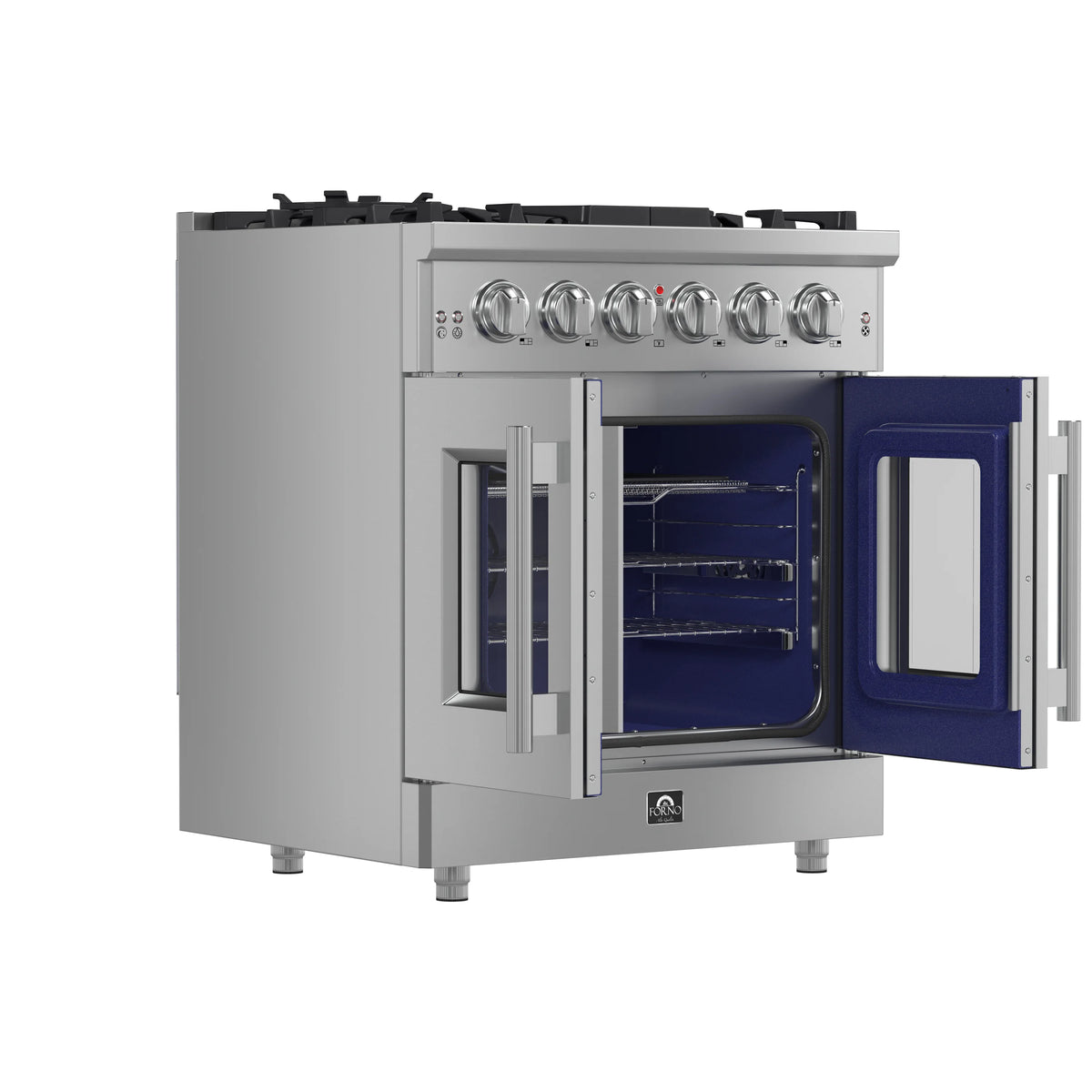 French door gas range with one oven door open, showing blue oven interior