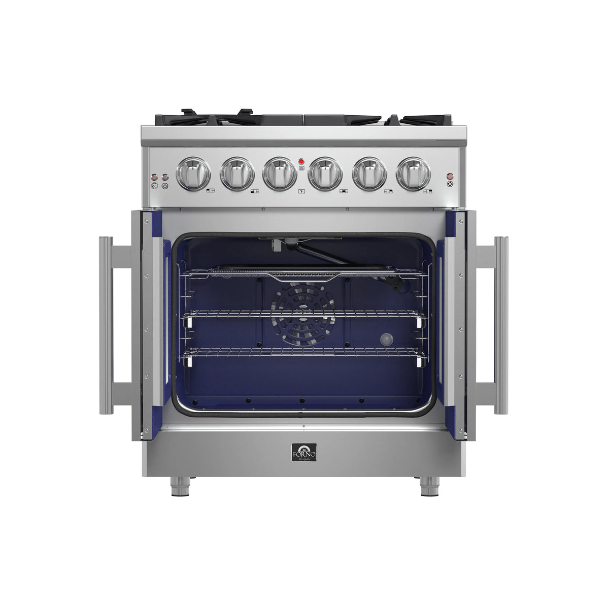 Stainless steel gas range with open oven door and front burner control knobs