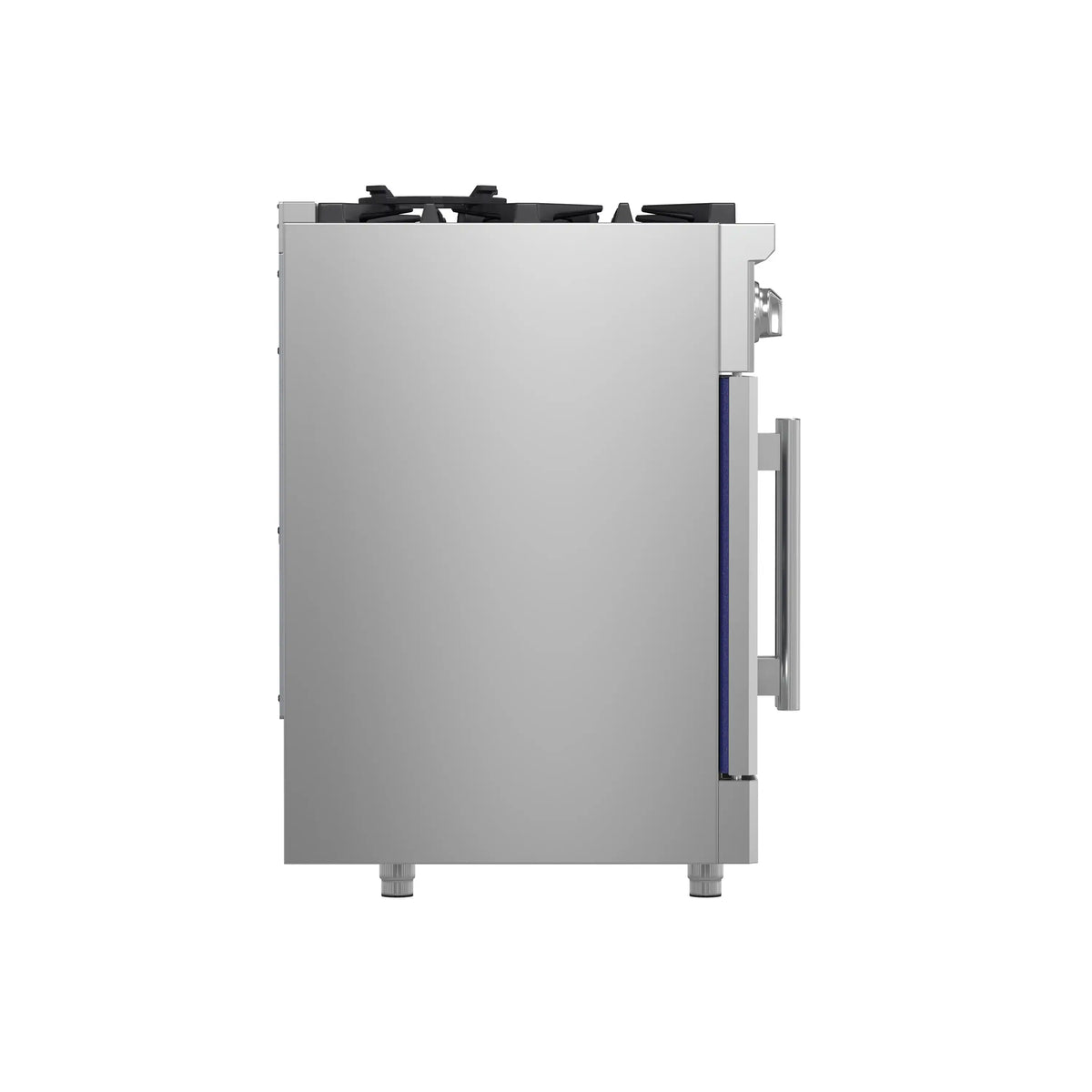 Stainless steel range side with open door edge and blue interior panel