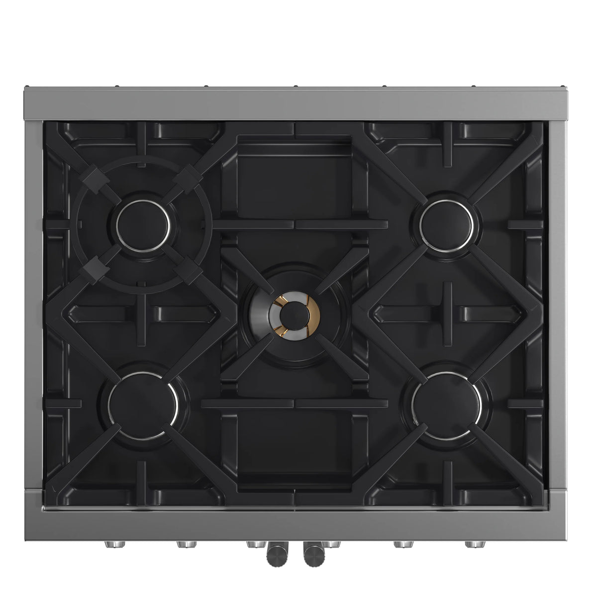 Stainless steel gas cooktop with four burner grates and central burner