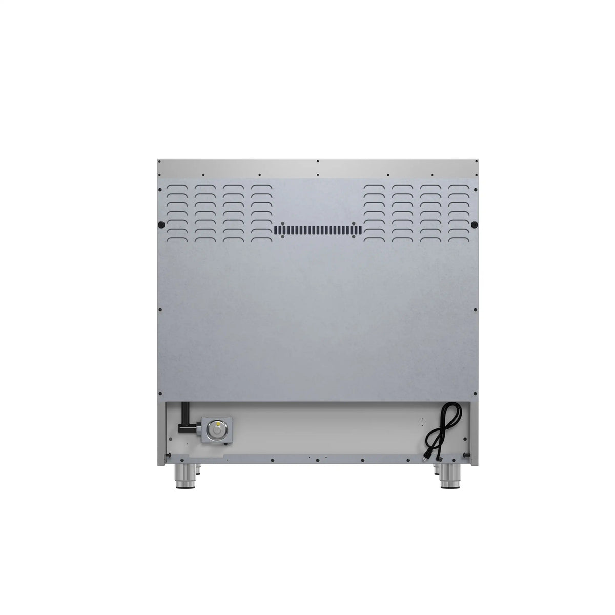 Gas range back panel with vent grilles and bottom connection fittings