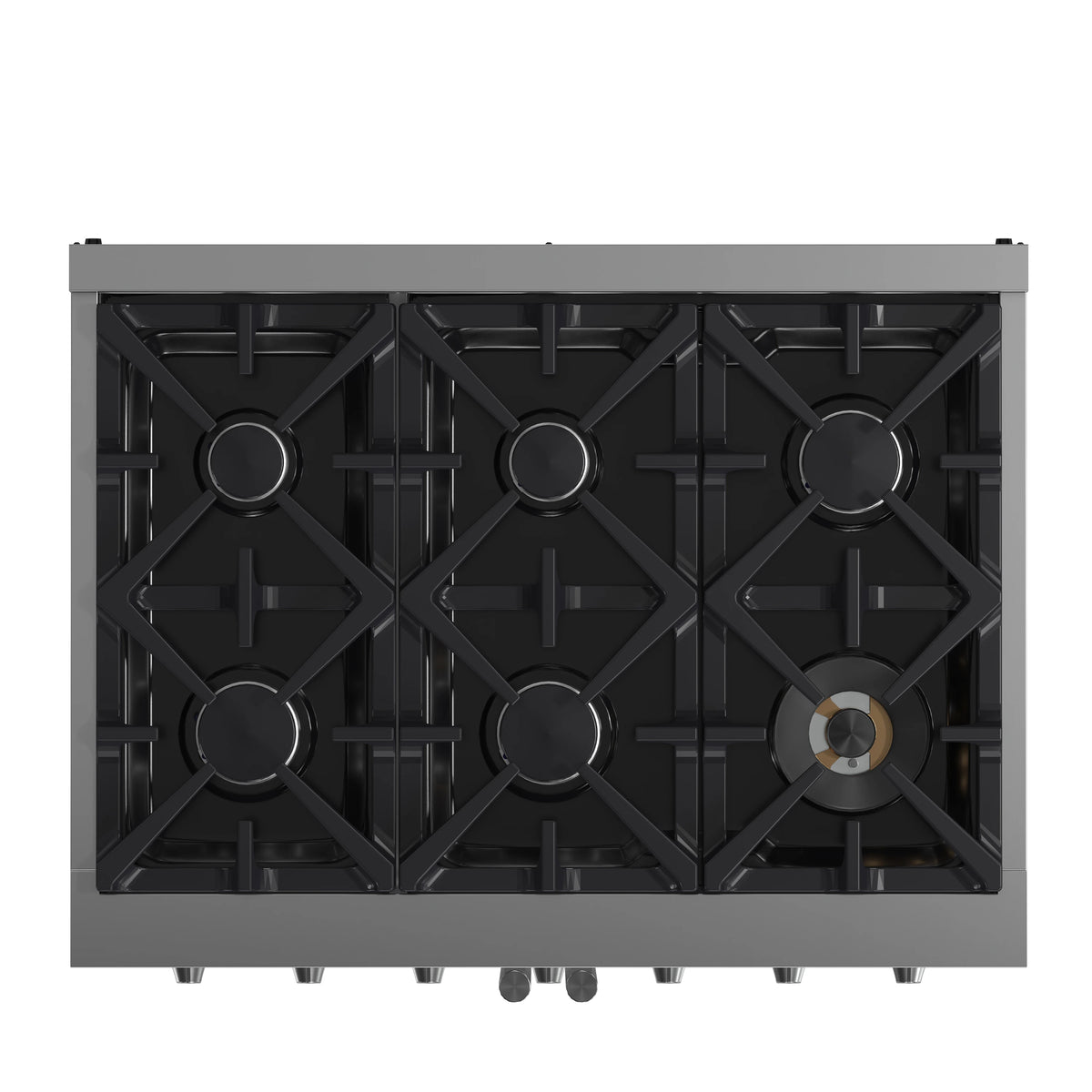 Stainless steel gas range cooktop with black grates and six burners