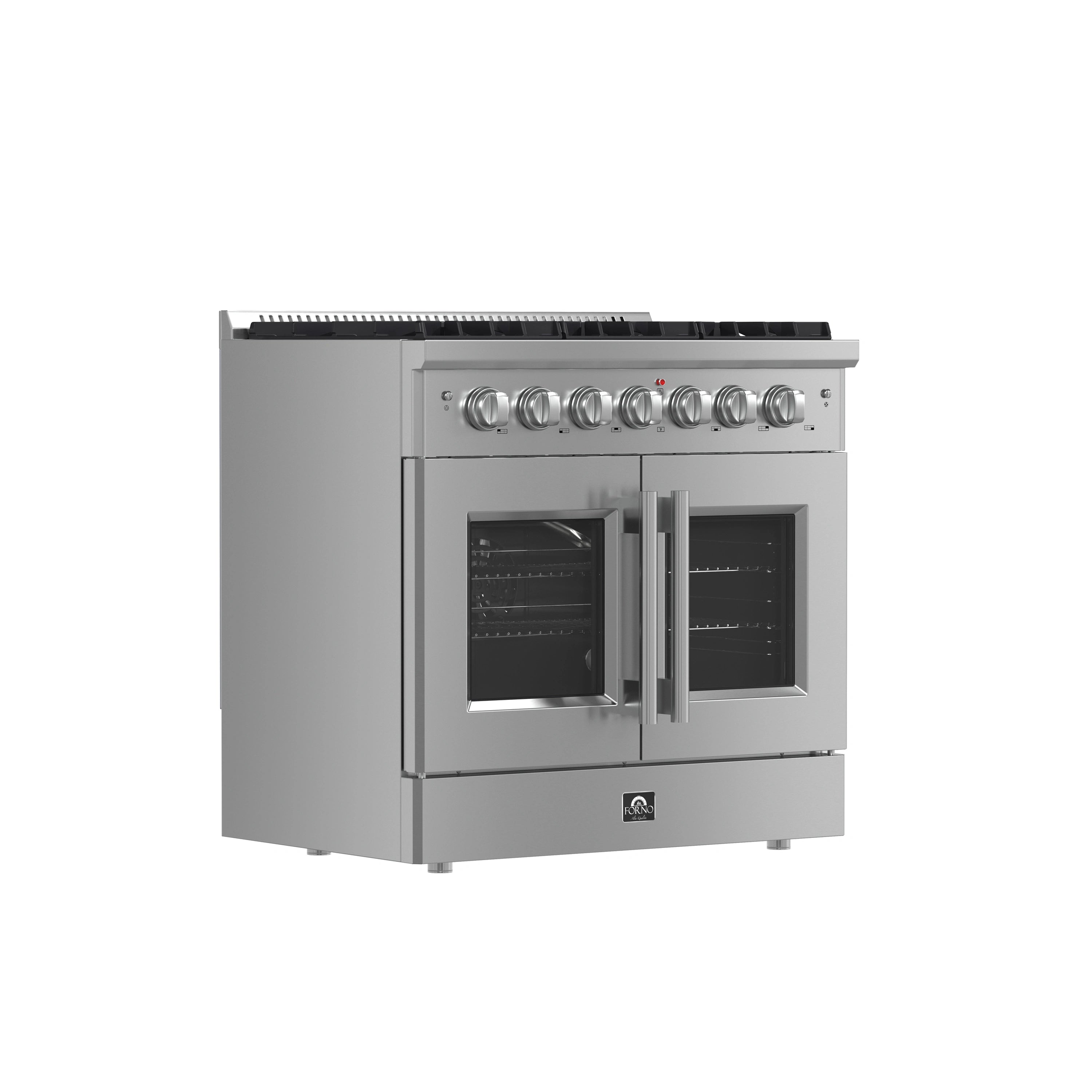 Stainless steel gas range with six knobs and dual French-door oven doors