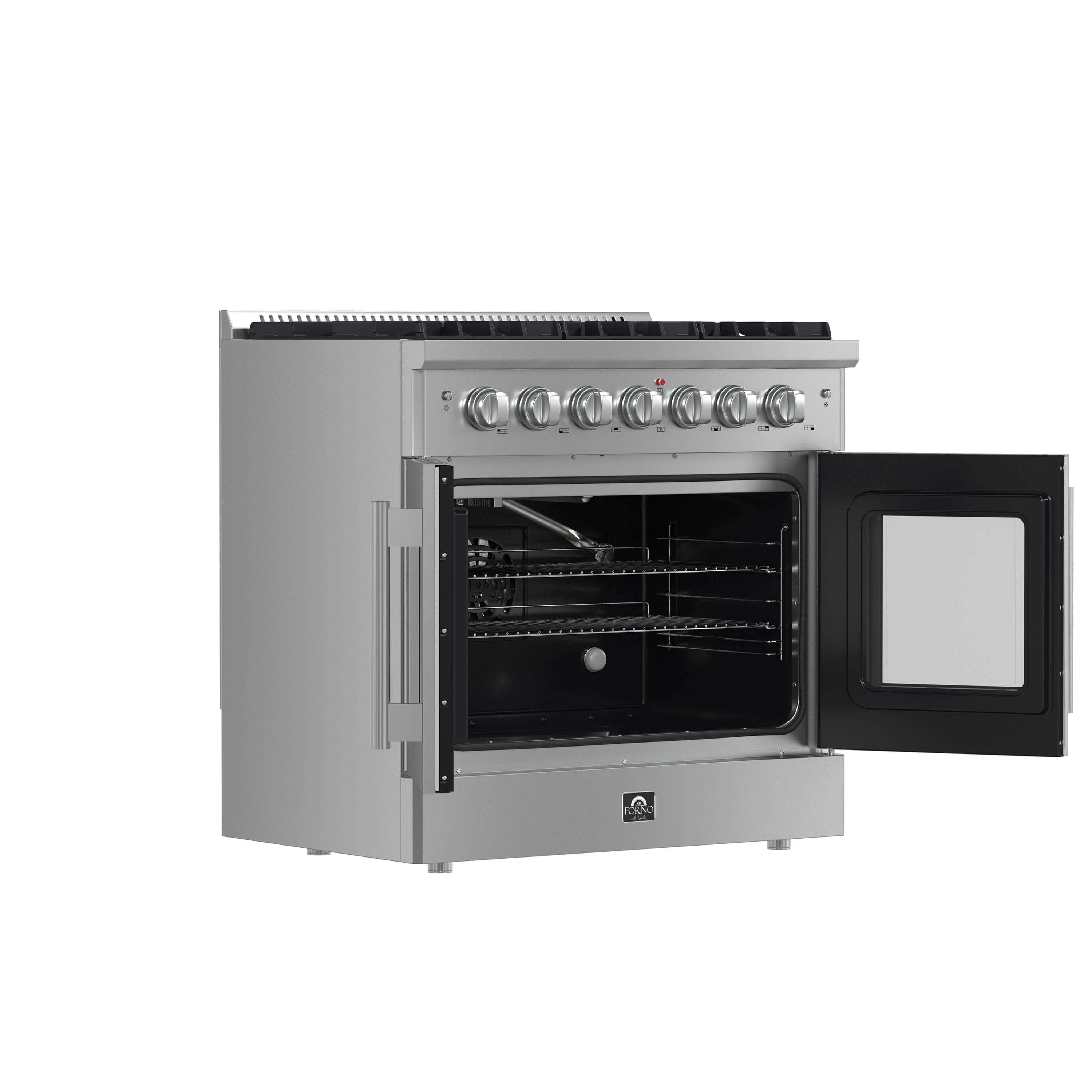 Stainless steel gas range with one French-door oven door open and six burner control knobs