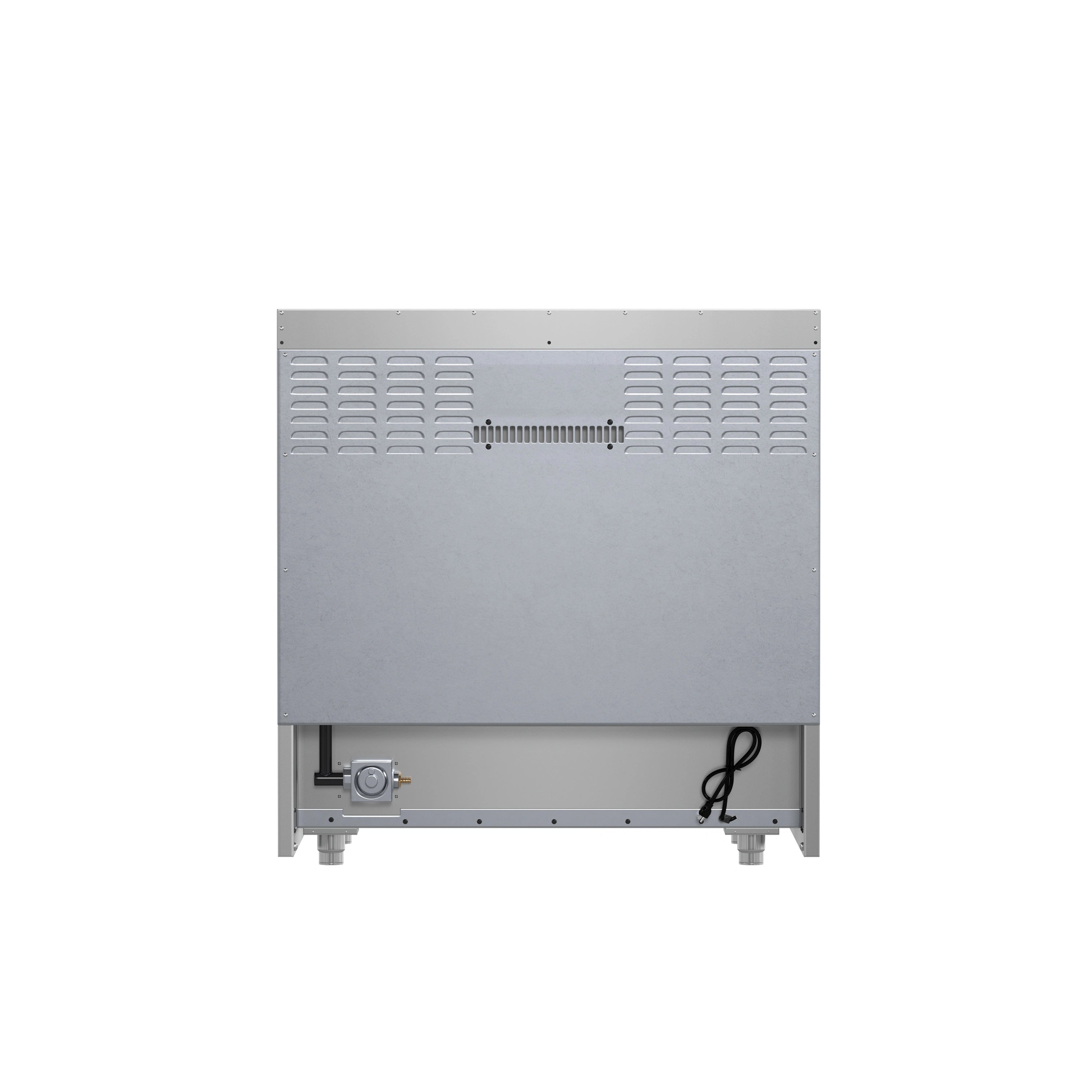 Stainless steel gas range rear panel with vent openings and service connection controls