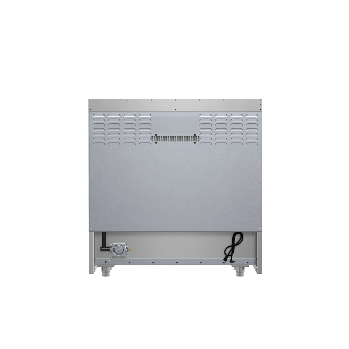 Stainless steel gas range underside panel with rear vent and adjustable feet