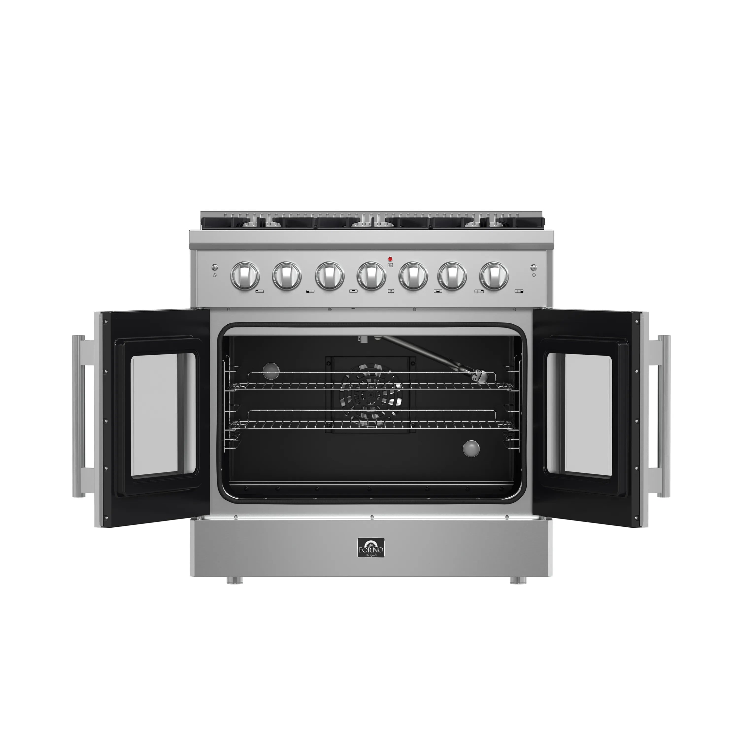 Stainless steel gas range with French-door oven doors open and six burner control knobs
