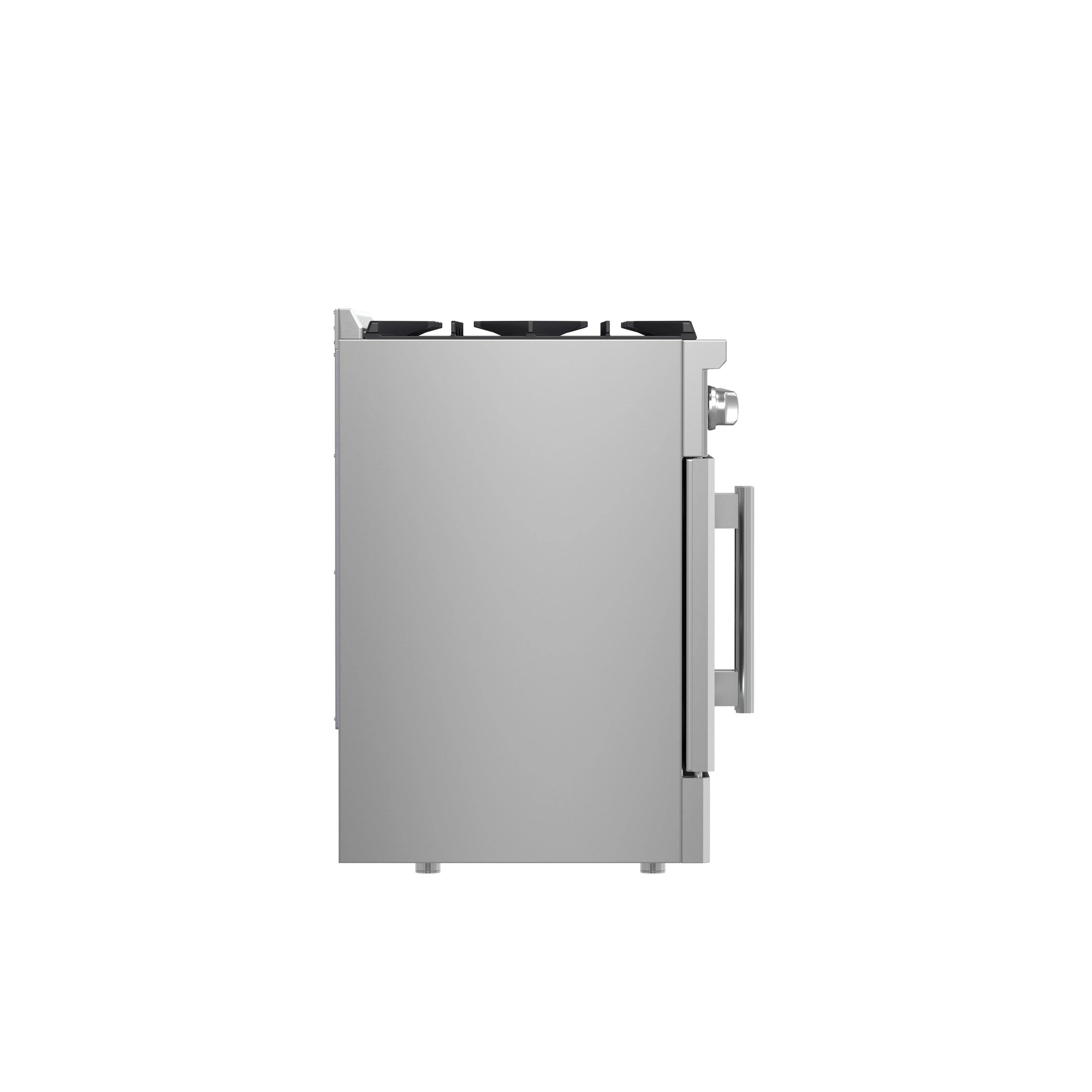 Stainless steel gas range with French-door oven, six-burner cooktop and control knobs