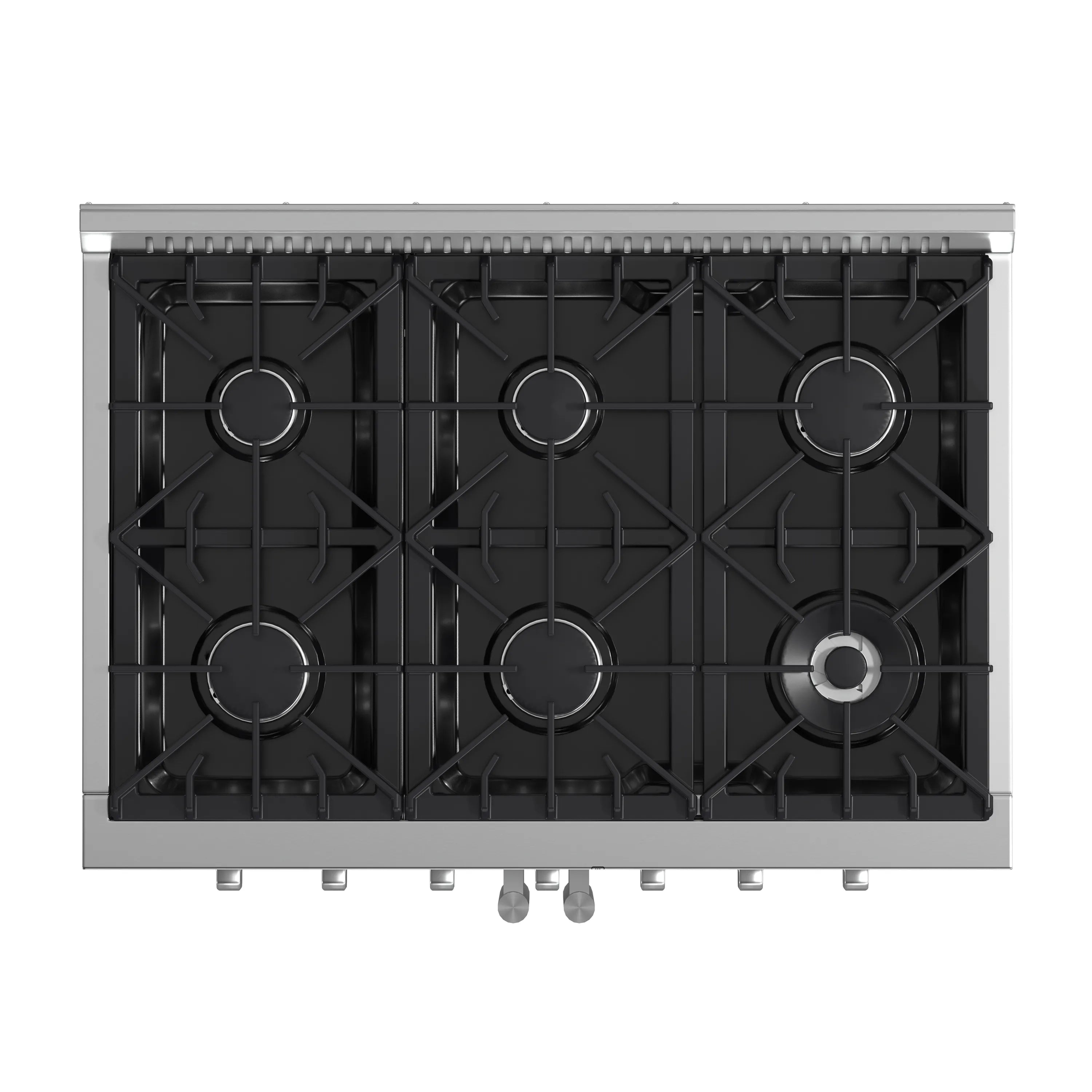 Stainless steel gas cooktop with six black burner grates and round burner caps