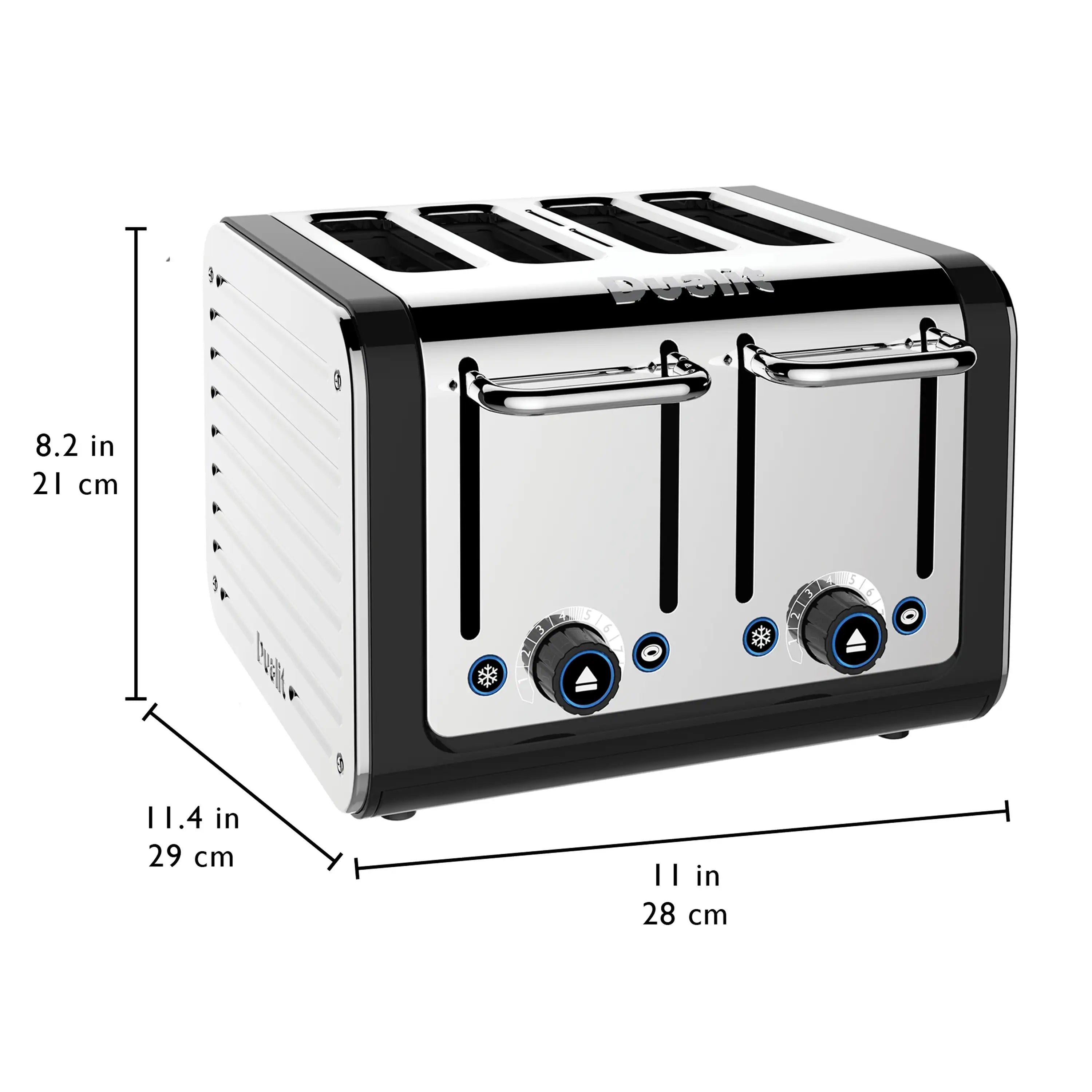 Black and stainless 4-slice toaster with four slots, lever handles, and front dial controls