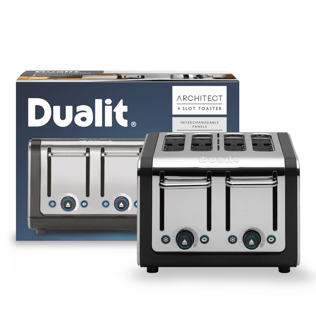 Dualit 4-slice stainless toaster with black accents, four slots, and front control knobs