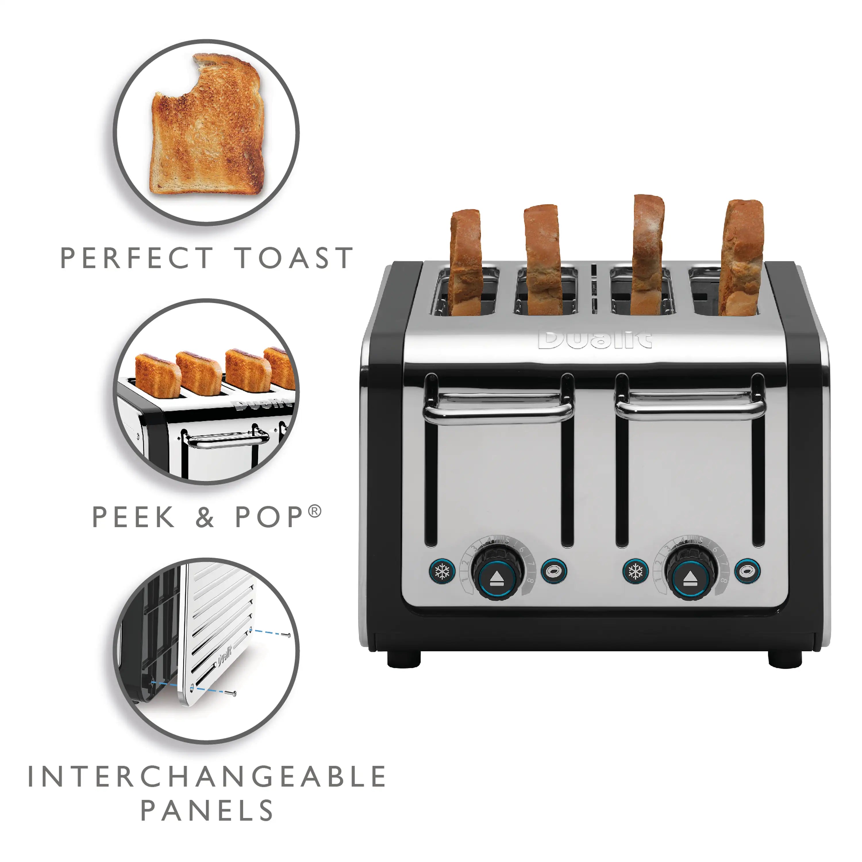 4-slice black and stainless toaster with removable panel design and front dial controls