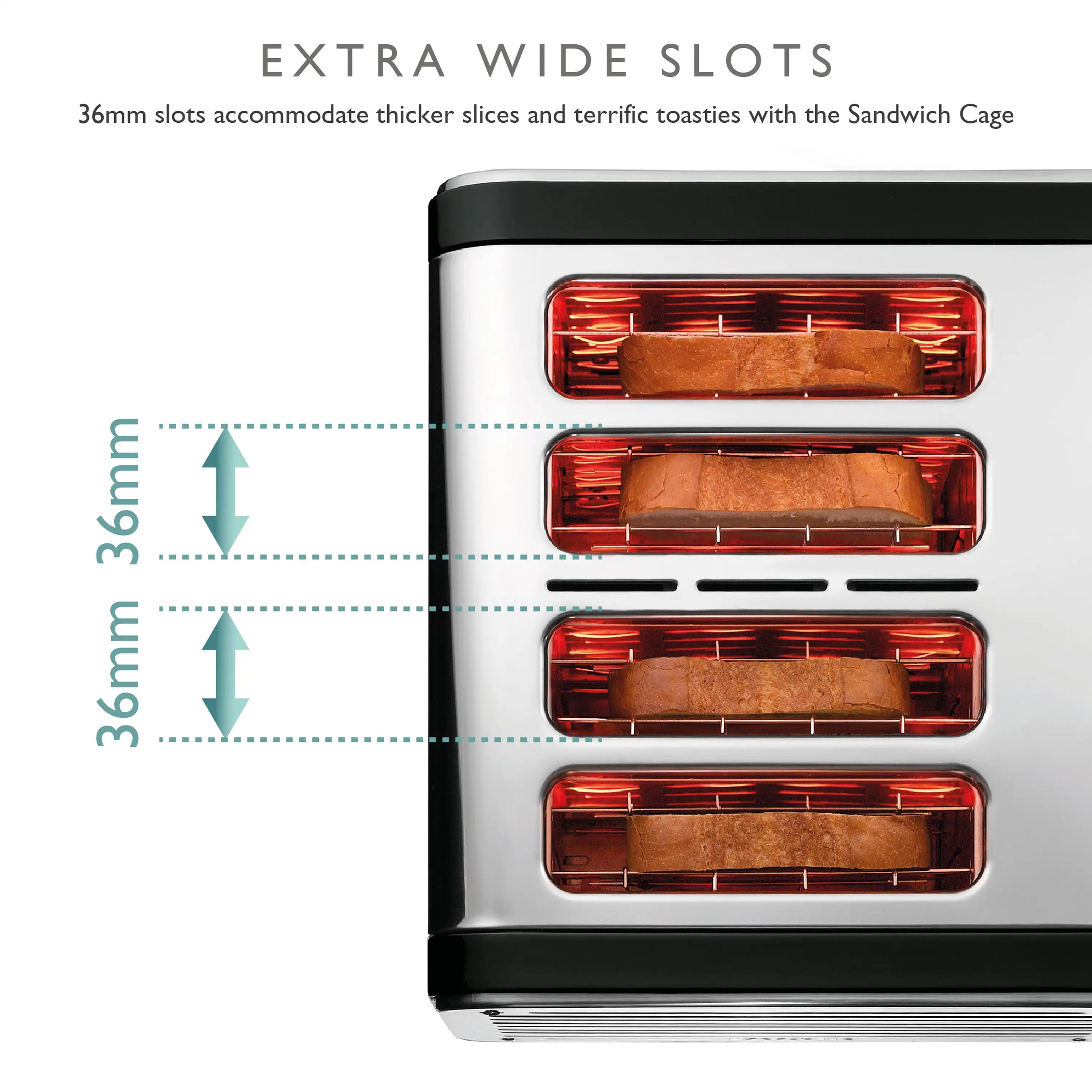 4-slice toaster with extra-wide slots, showing bread toasting in four chambers.