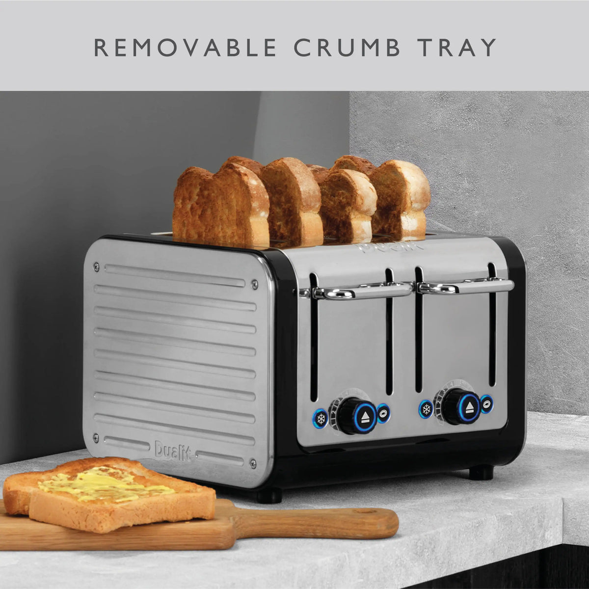 4-slice toaster with bread and the removable crumb tray displayed.
