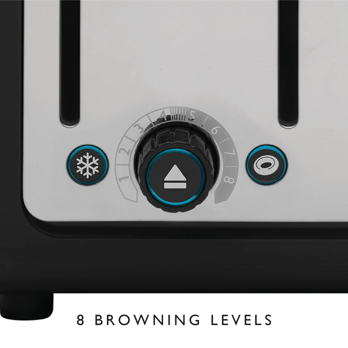 Toaster browning control dial with blue icons and level markings on the front panel.