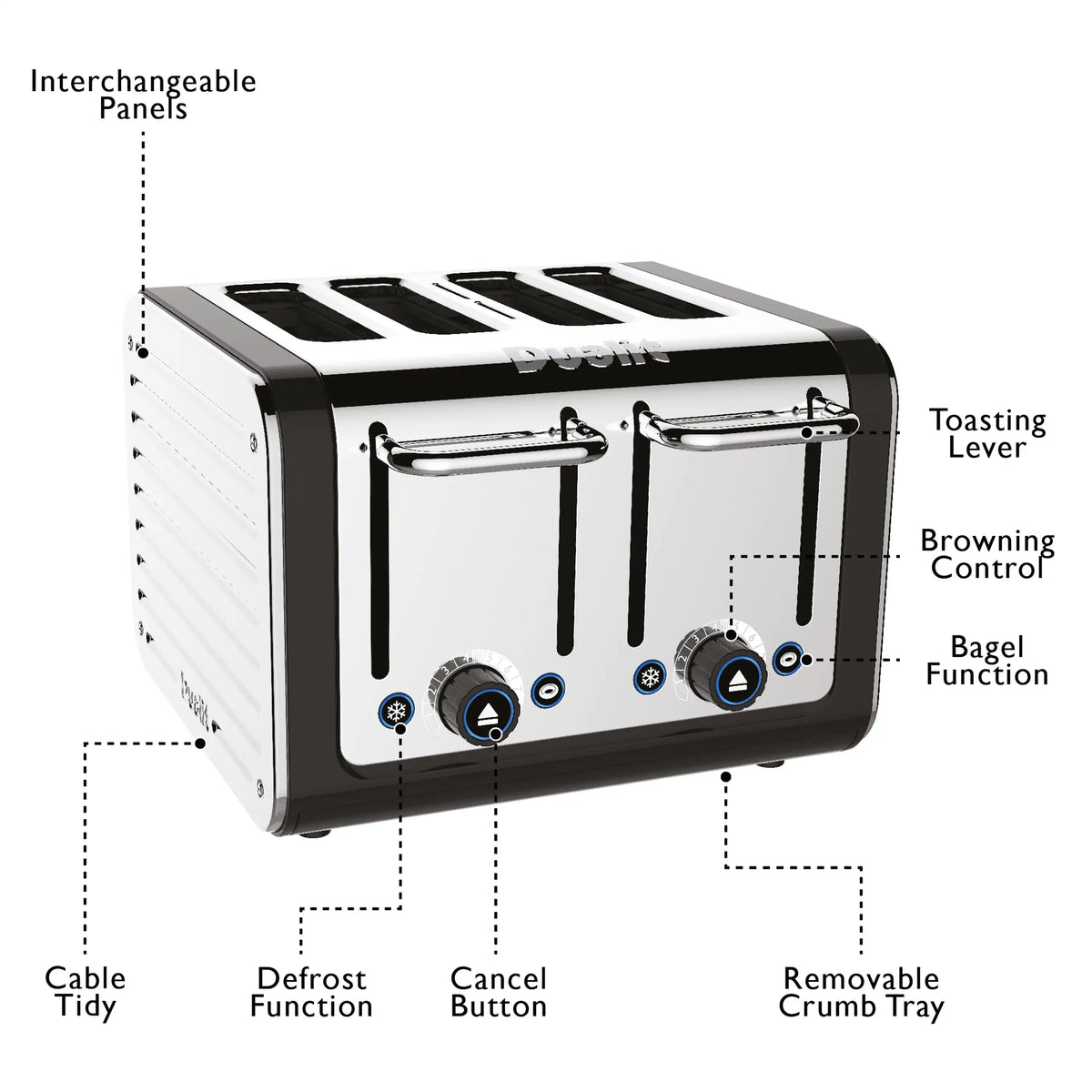4-slice toaster front with lever handles, function buttons, and browning control dial.