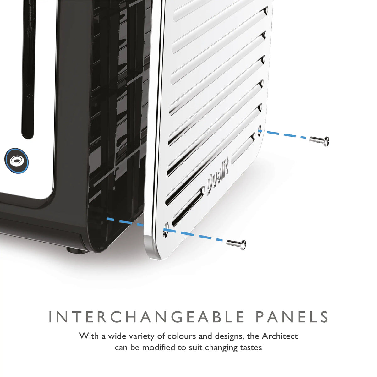 4-slice toaster side view with interchangeable panel design and attachment screws.