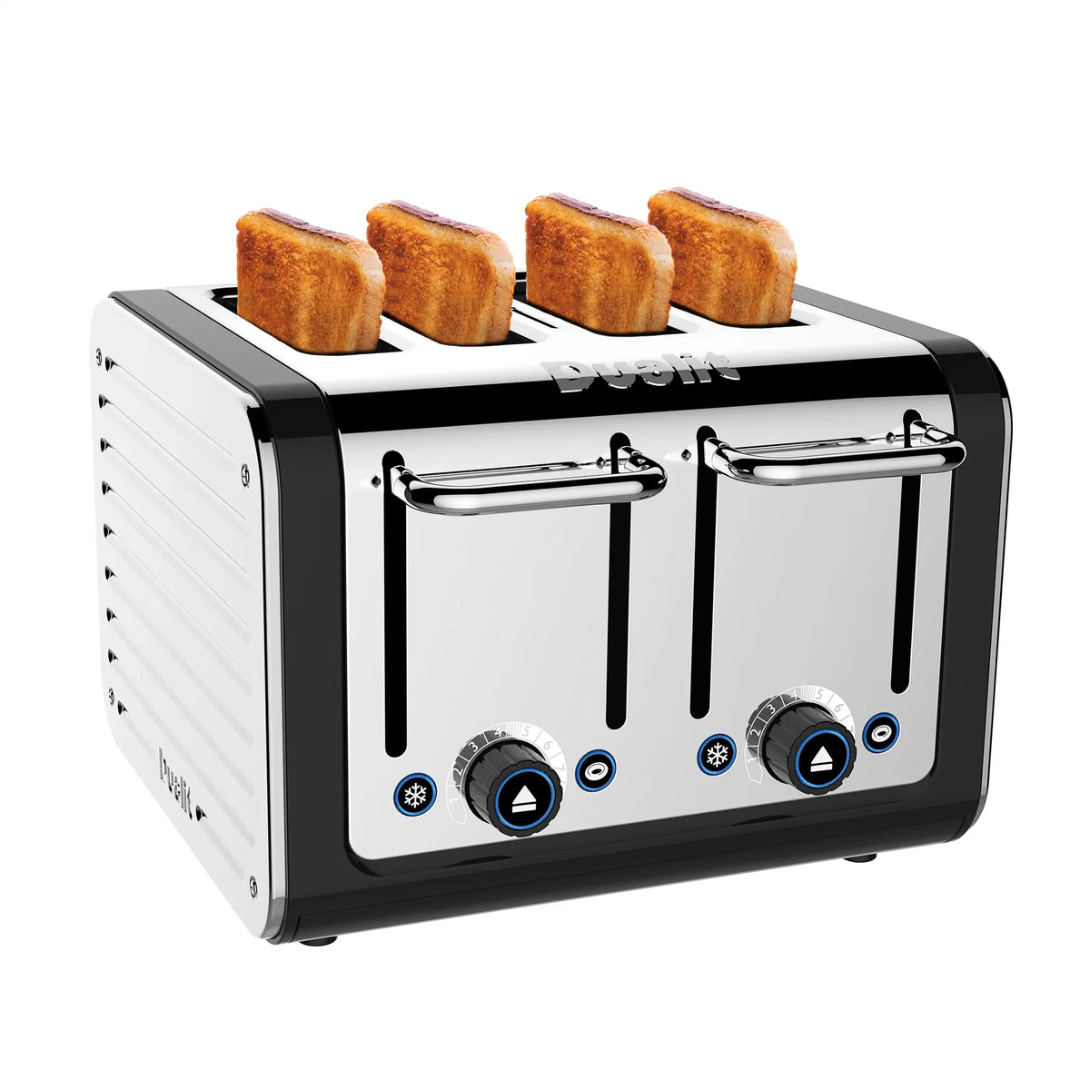 4-slice toaster in black and stainless steel with four toasting slots and control dials