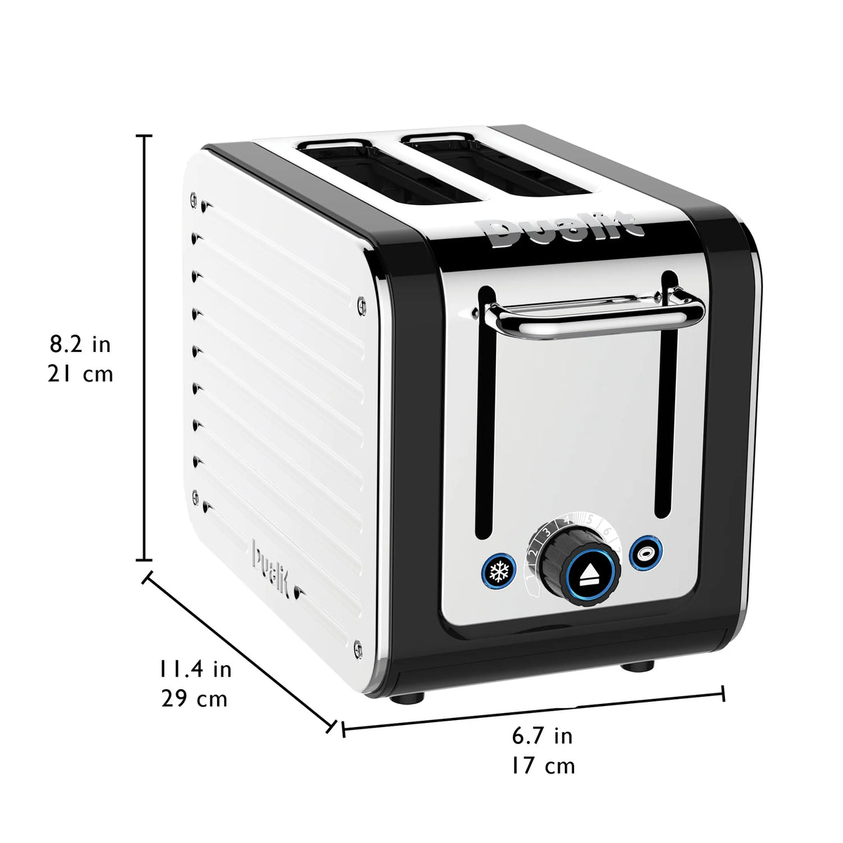 Black and silver 2-slice toaster angled side view with wide slots