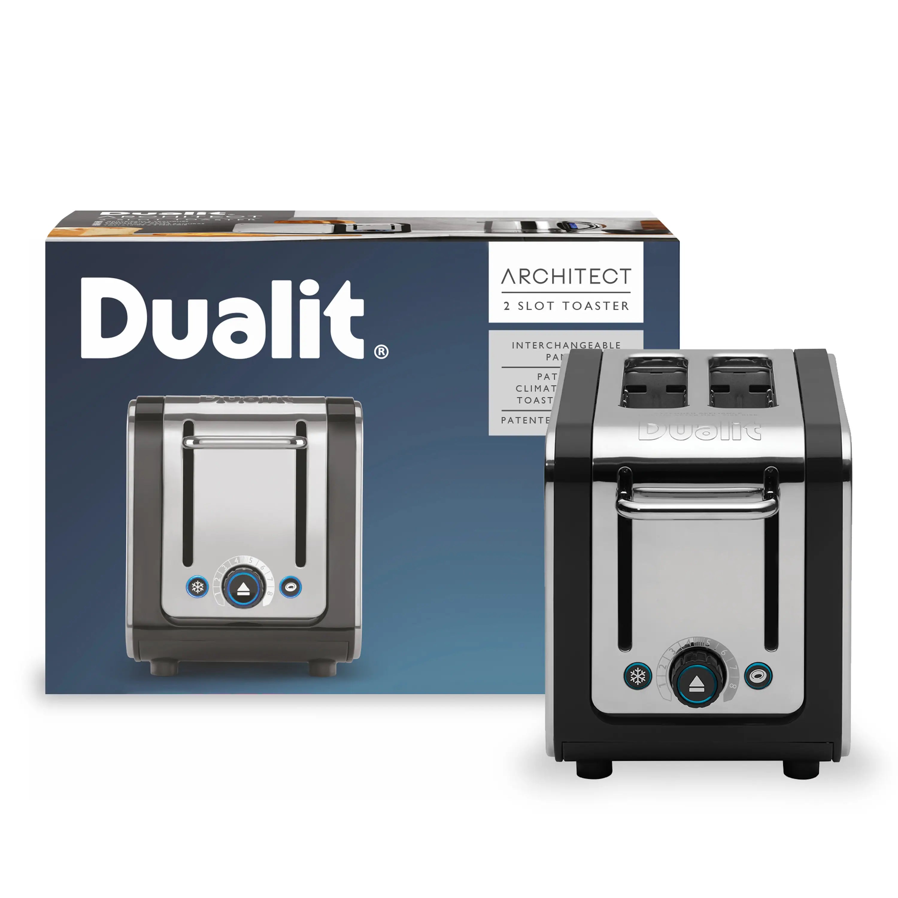 Black and silver 2-slice toaster with front controls and lever handle