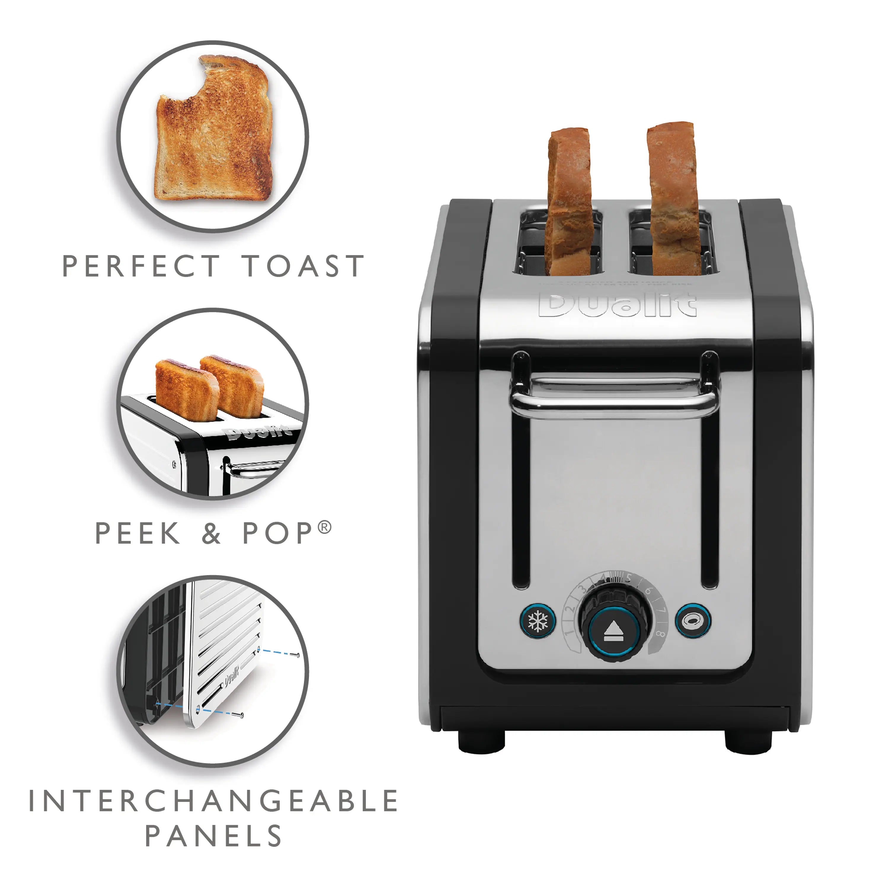 Black and silver 2-slice toaster with toast slices in slots