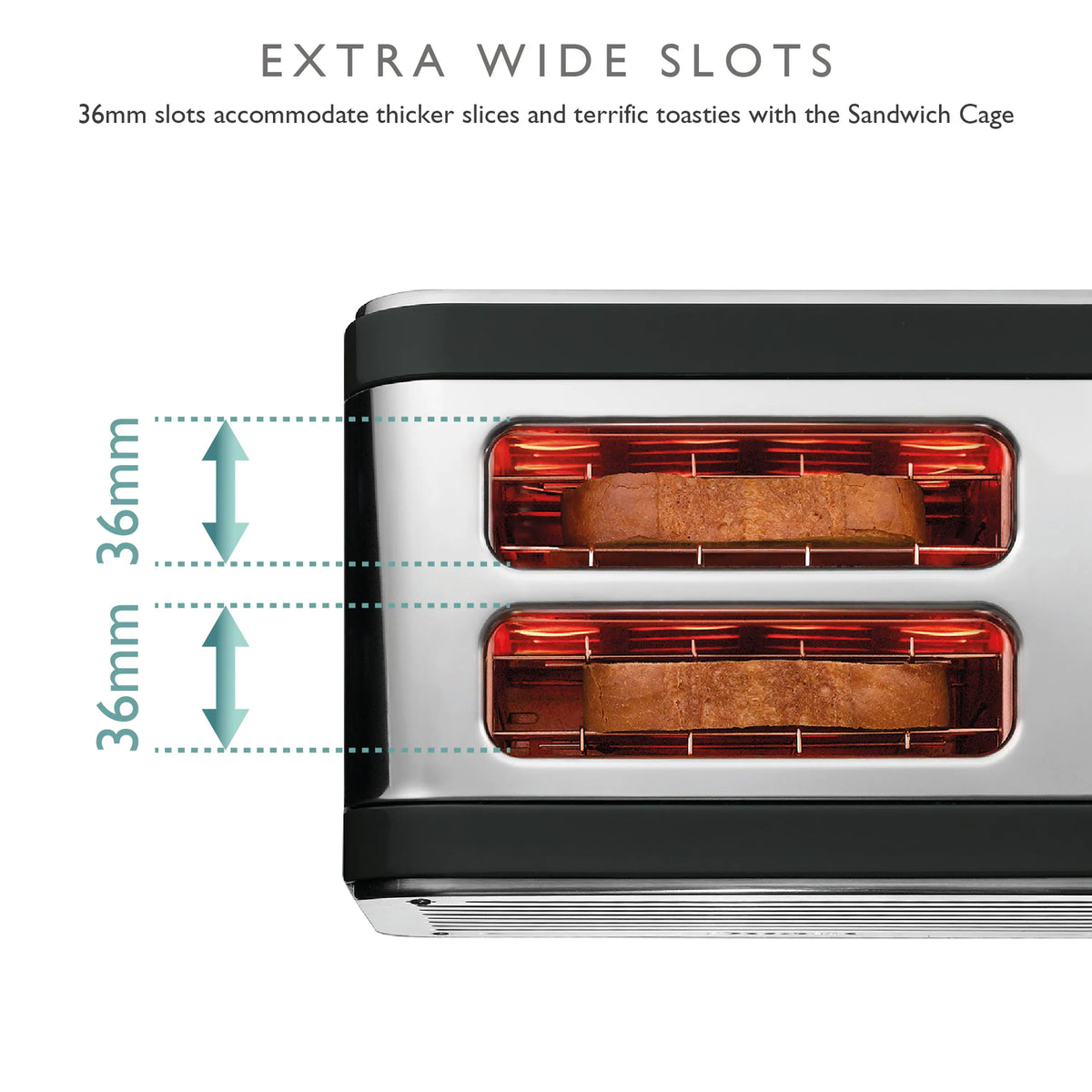 Black and silver 2-slice toaster showing two toast slices inside heating chamber