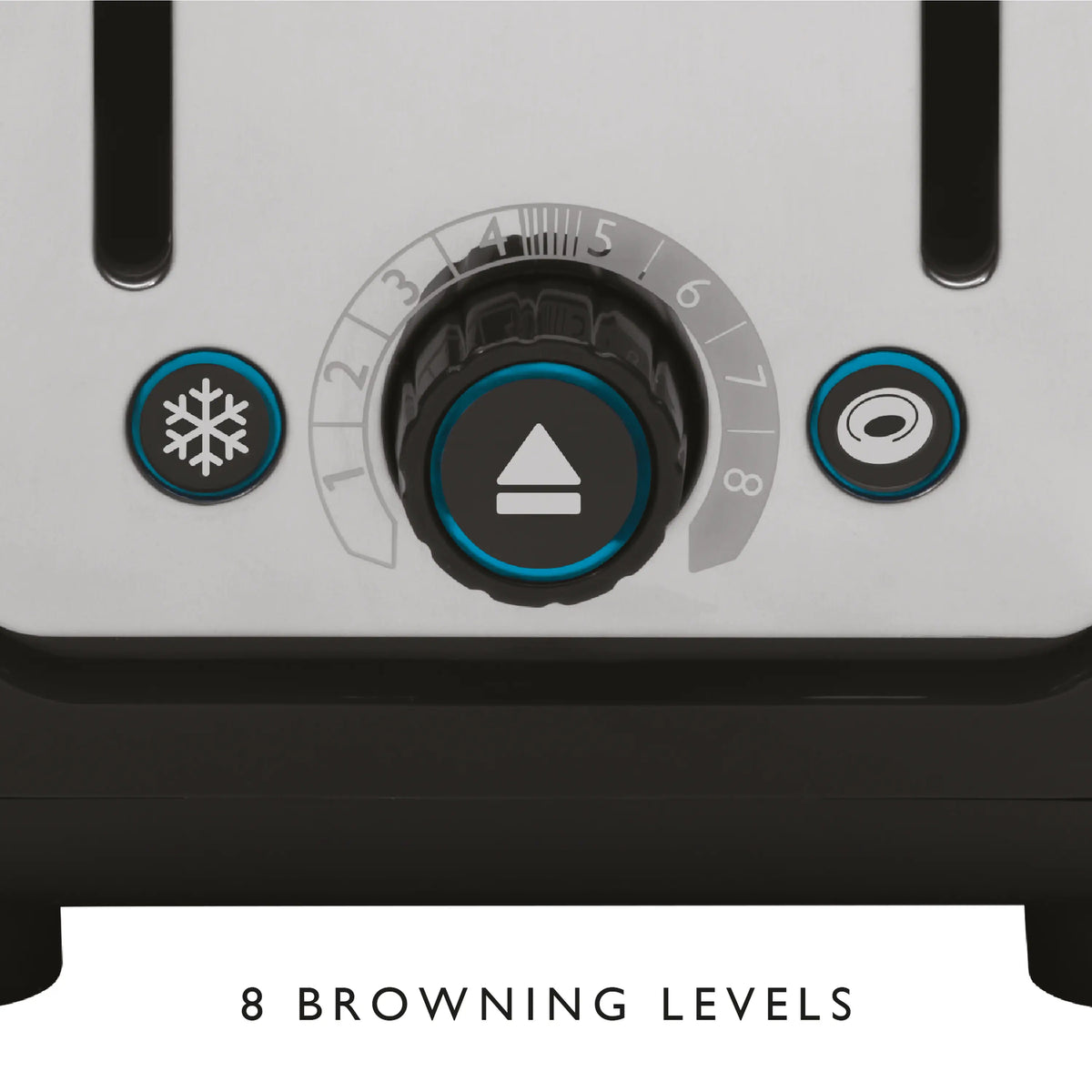 Dualit 2-slice toaster control panel close-up with browning level dial and buttons