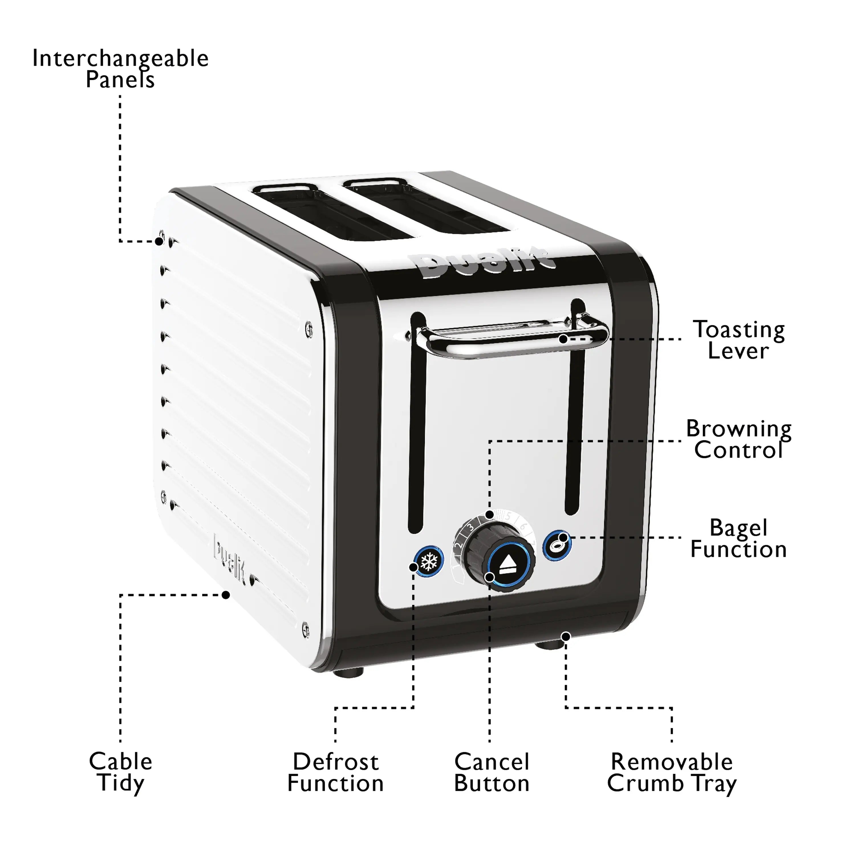 Dualit 2-slice toaster product diagram showing lever, controls, and removable parts