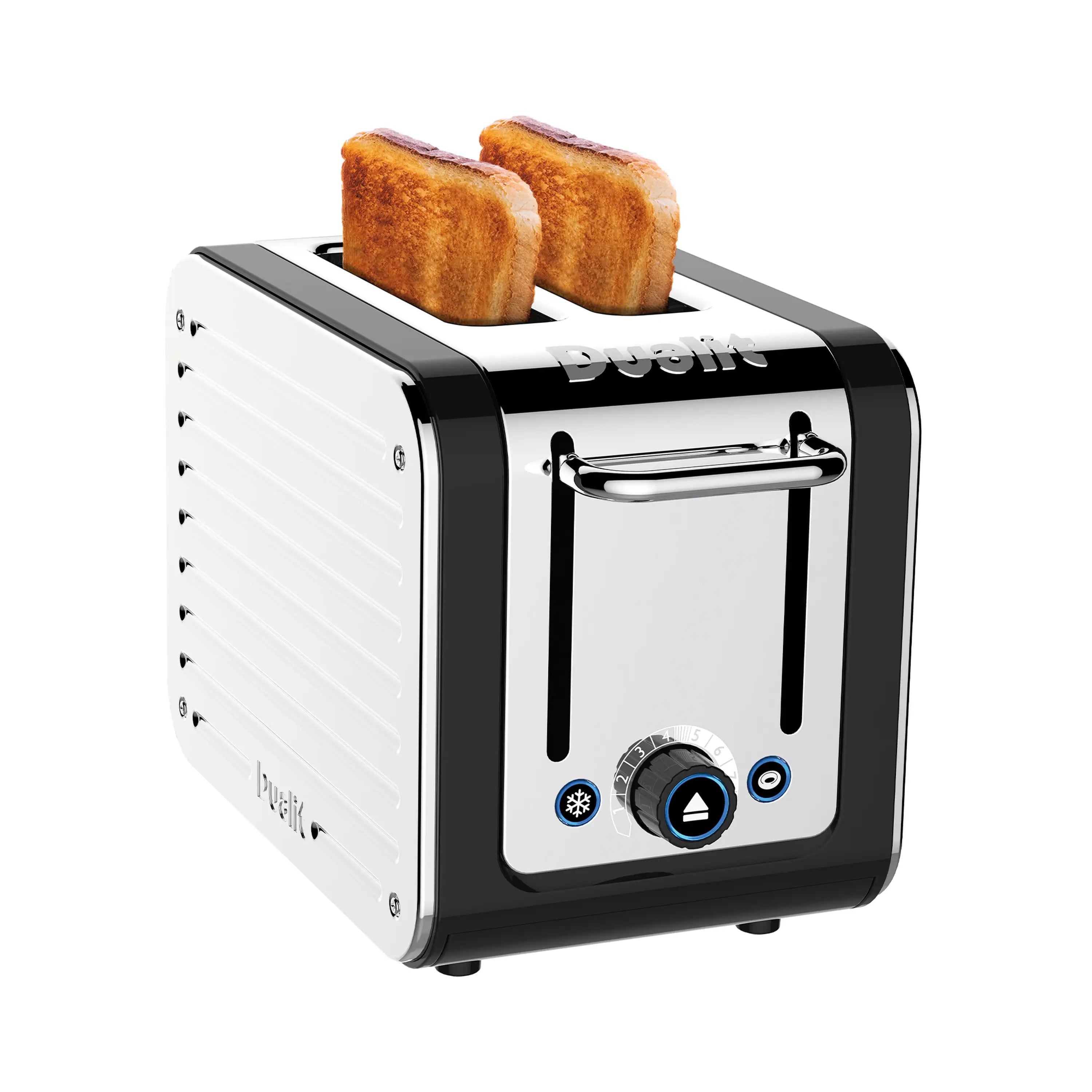 Dualit 2-slice toaster angled view in chrome and black with bread slices