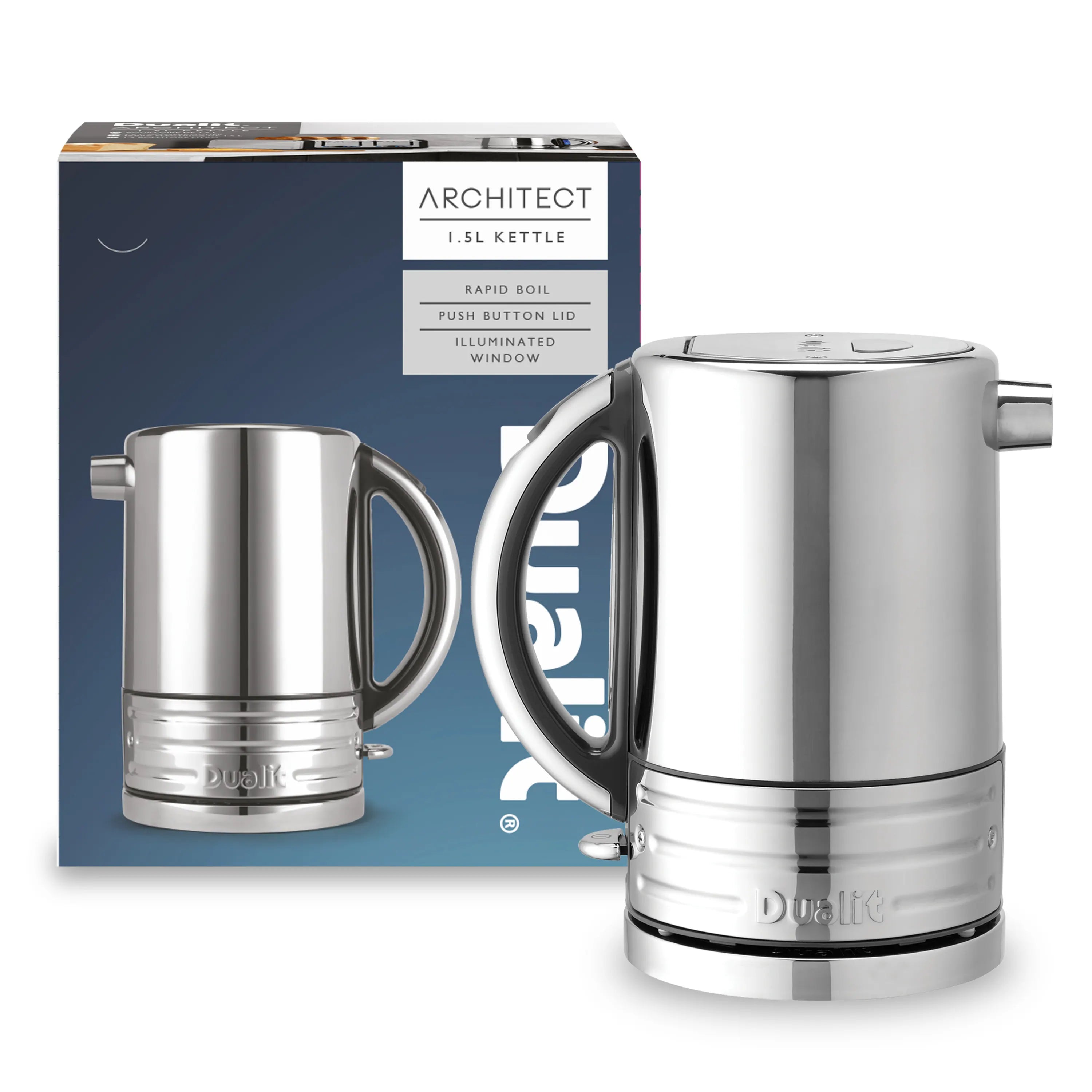 Stainless steel electric kettle with box packaging shown for 1.5L size