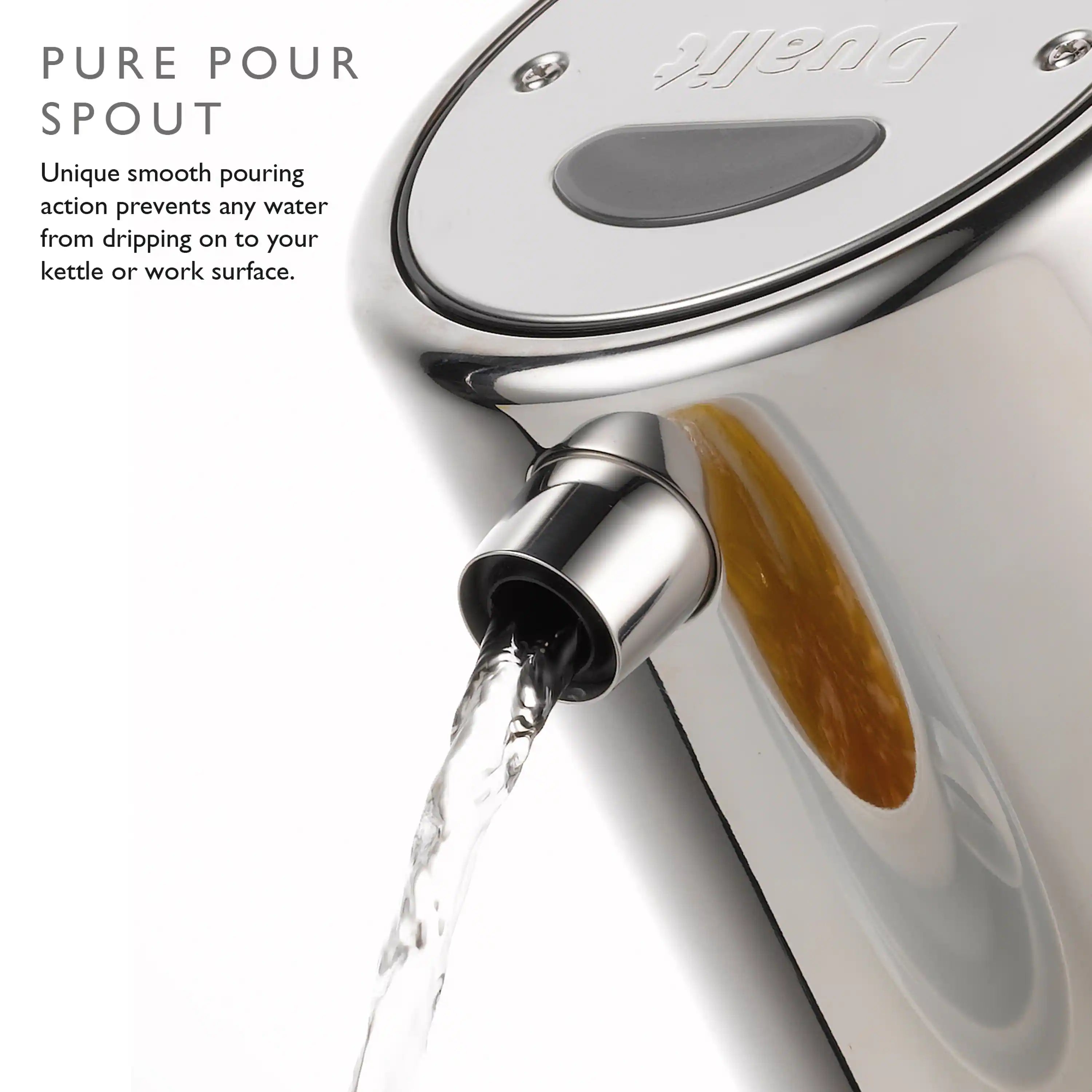Dualit stainless steel kettle with pouring spout and amber handle insert