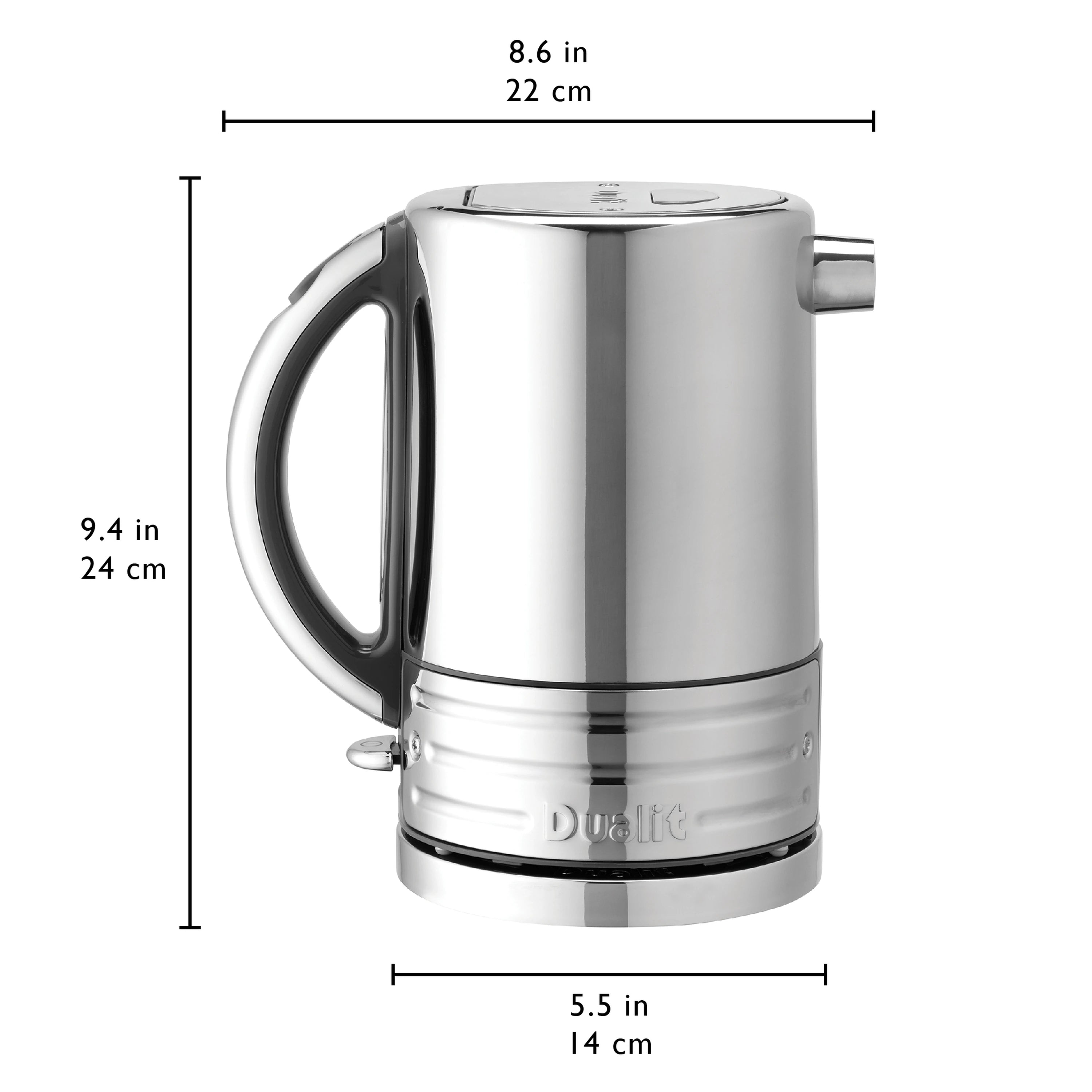 Stainless steel kettle with side handle and spout, viewed at angle with dimensions