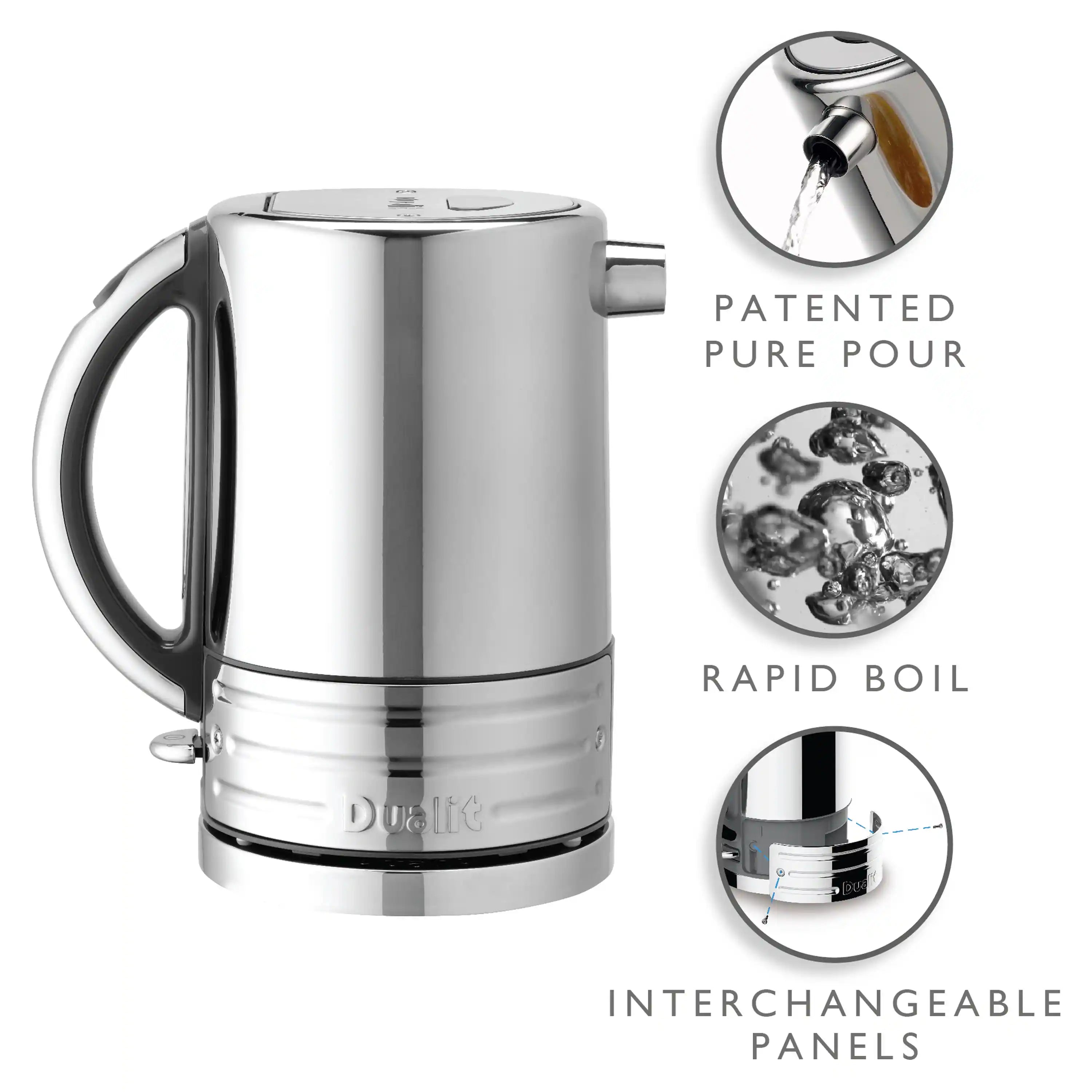 Stainless steel electric kettle with patented pour spout and view of water level window