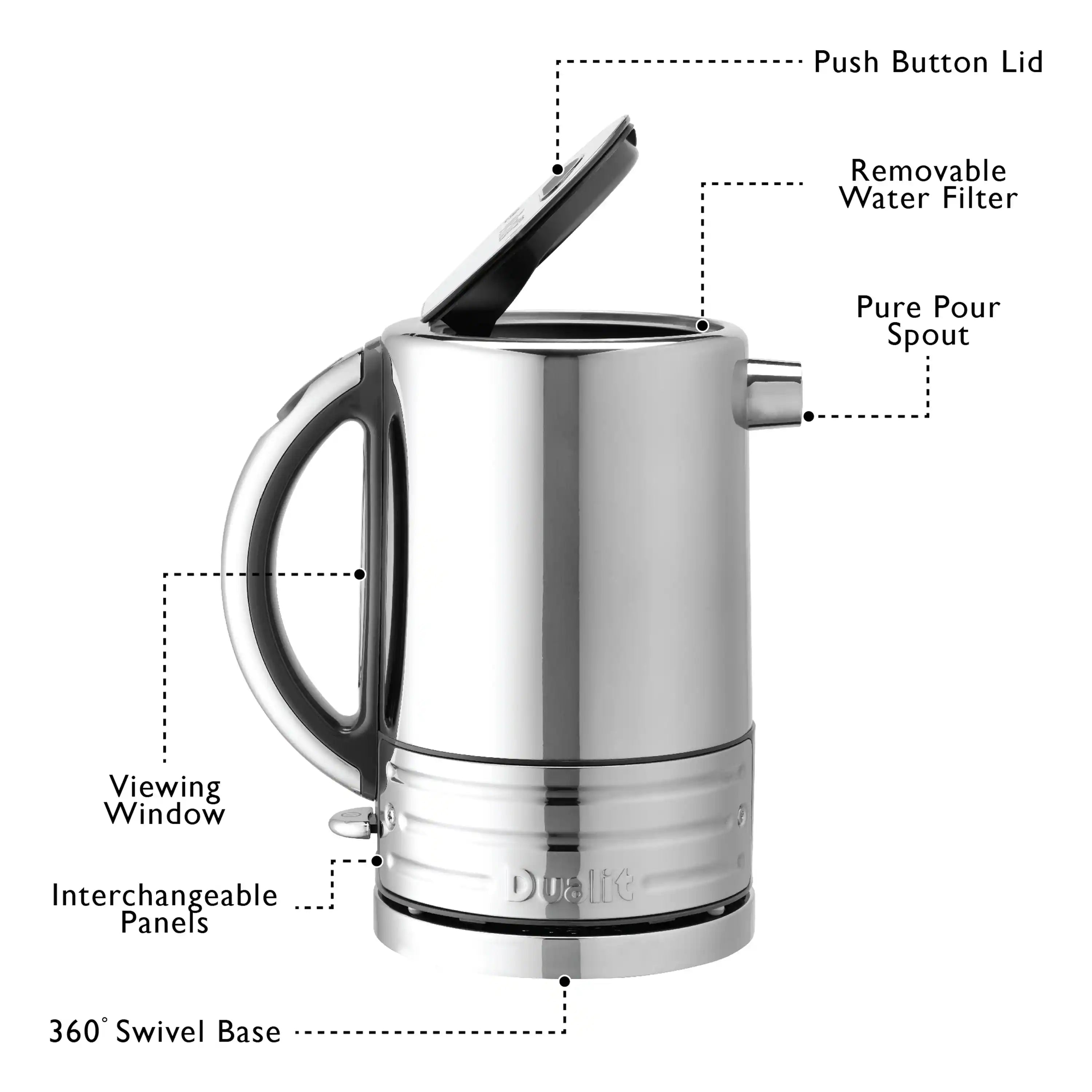 Stainless steel electric kettle labeled with push-button lid, filter, and 360 swivel base