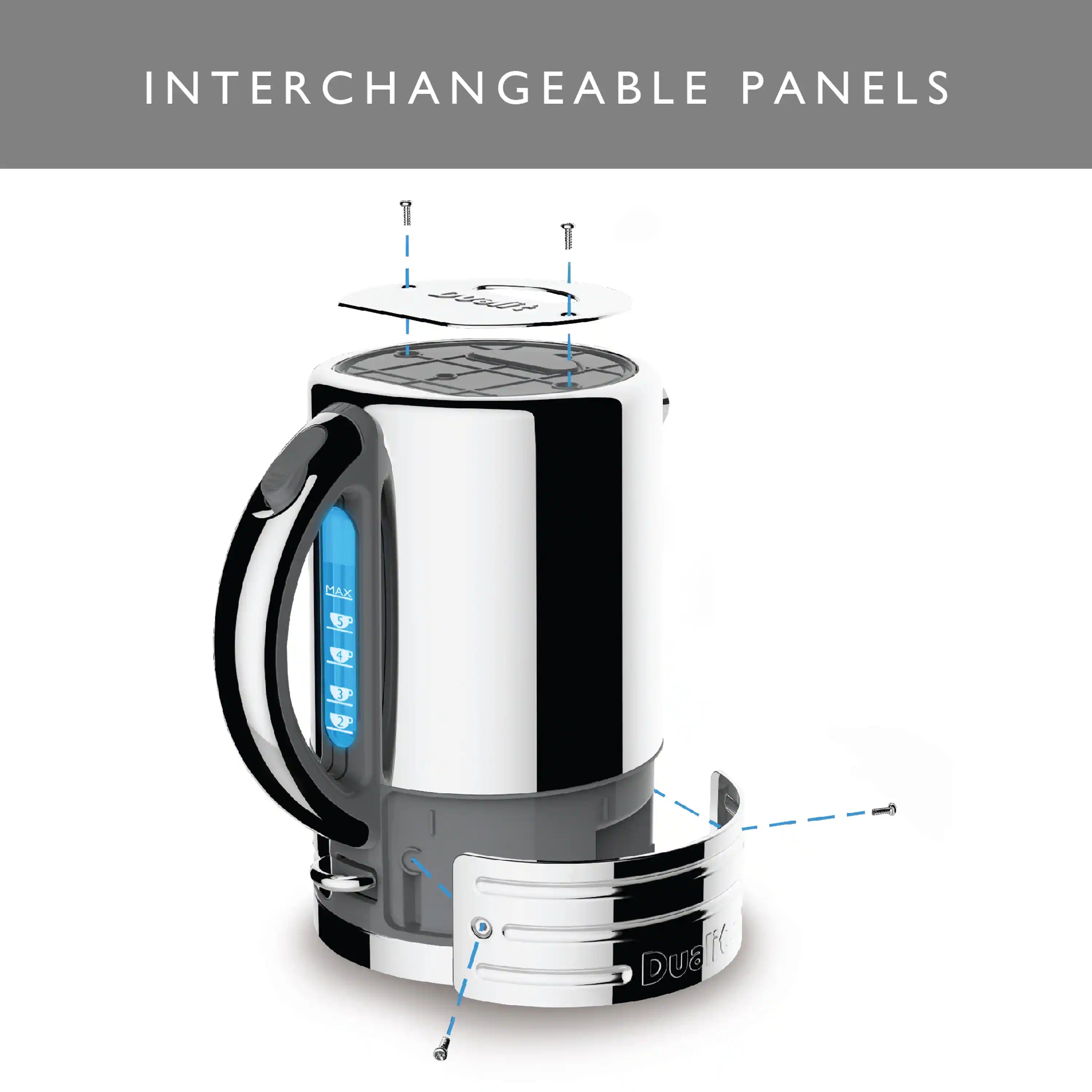 Stainless steel electric kettle showing top area for interchangeable panel attachment