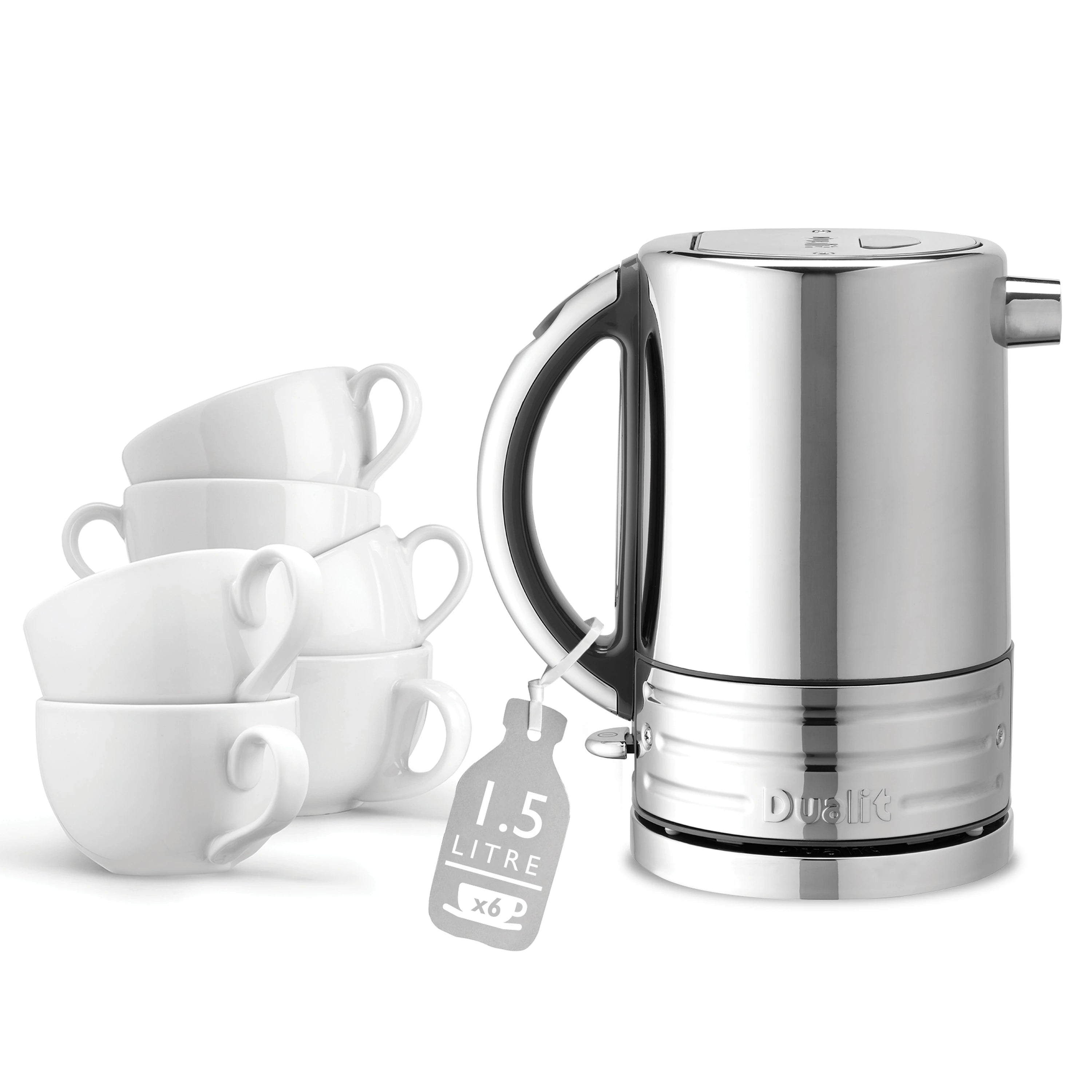 Stainless steel kettle with cup set and capacity indicator marking 1.5L