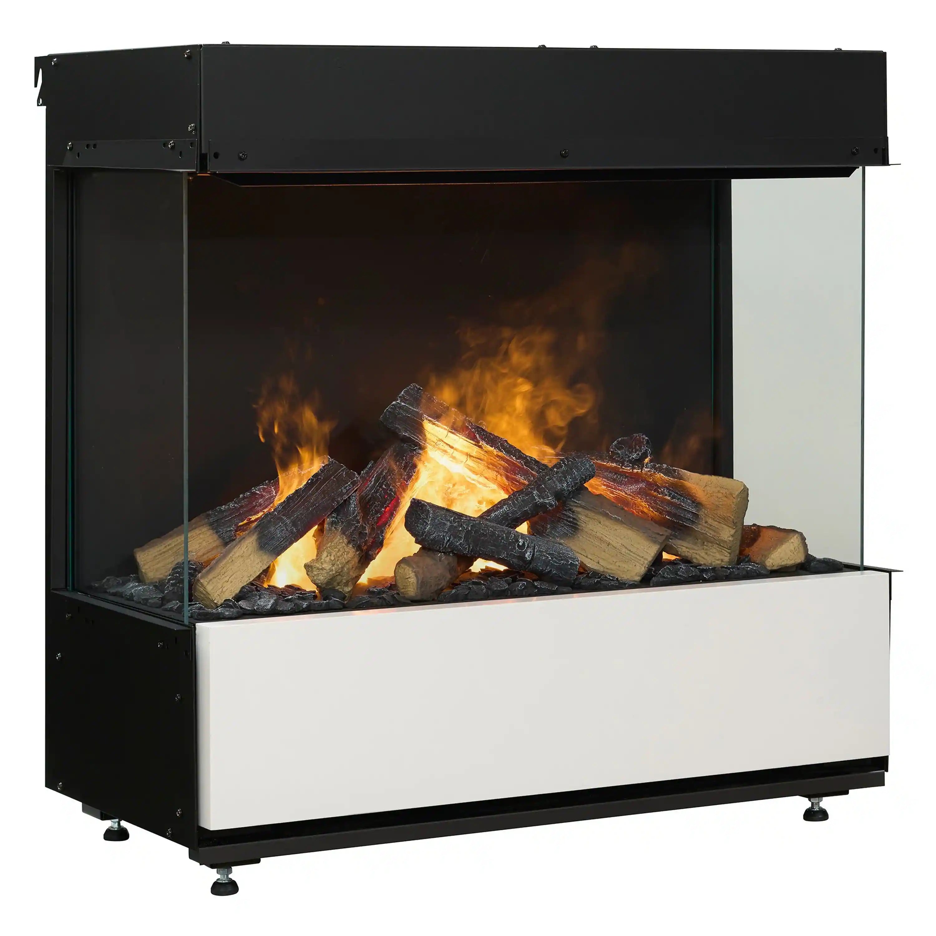 Black electric water vapor fireplace with glass frame and burning log-style flames