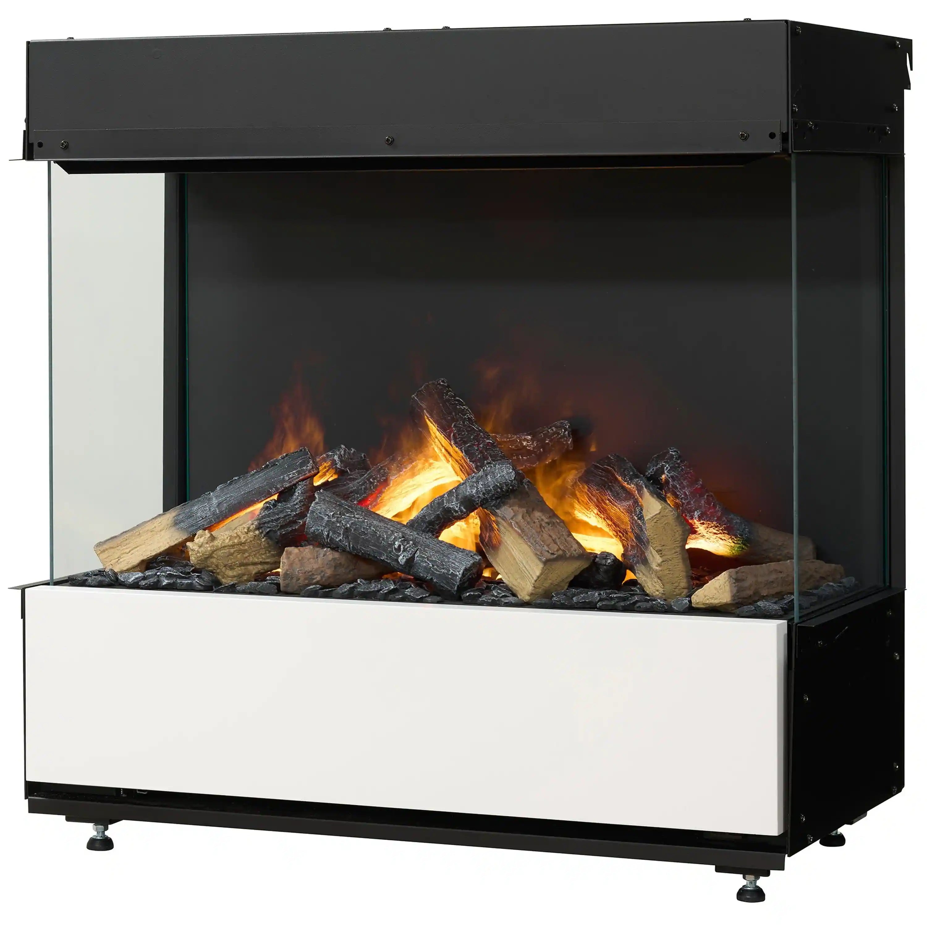 Black electric fireplace with glass front showing glowing flames over stacked logs
