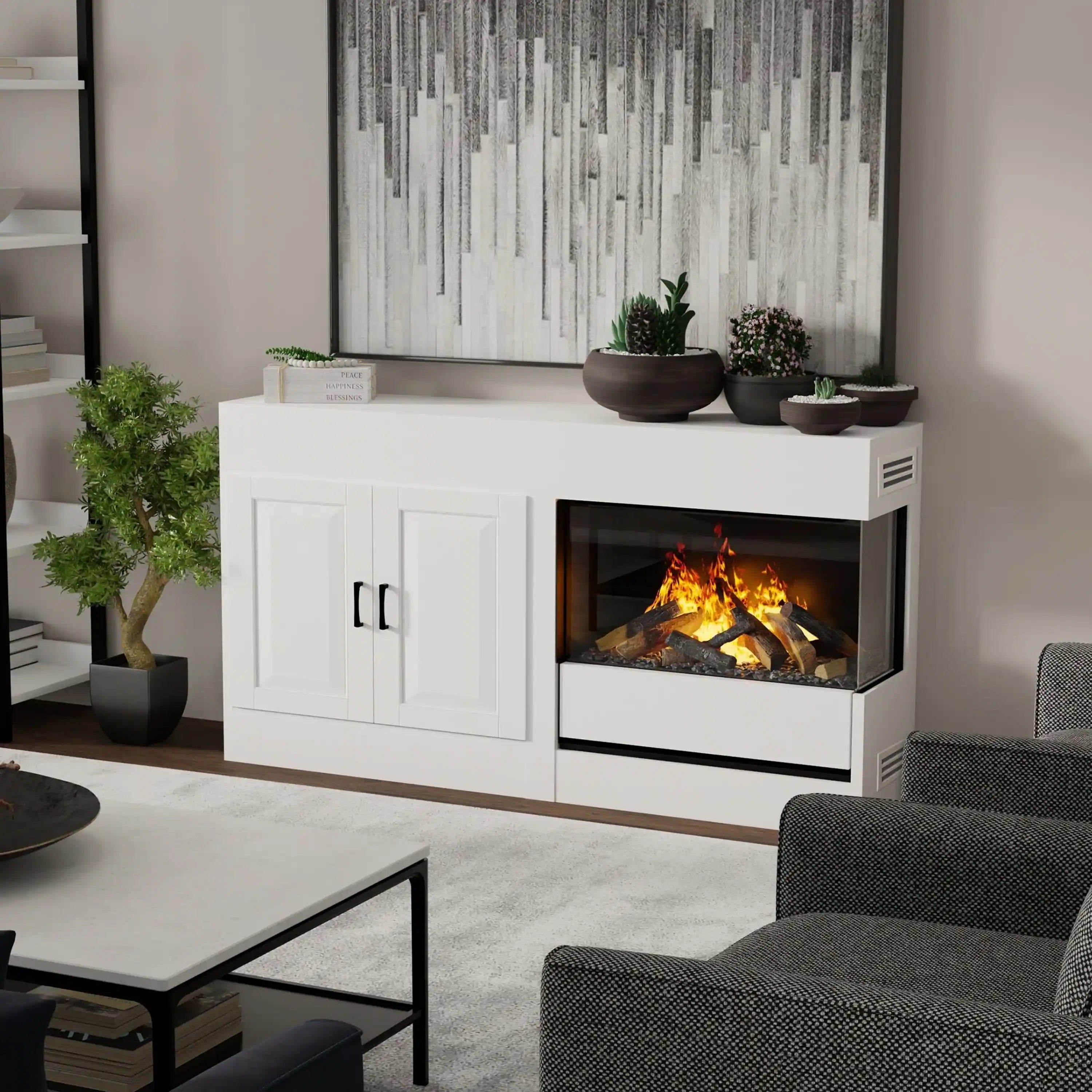 White console electric fireplace showing warm flames behind glass front