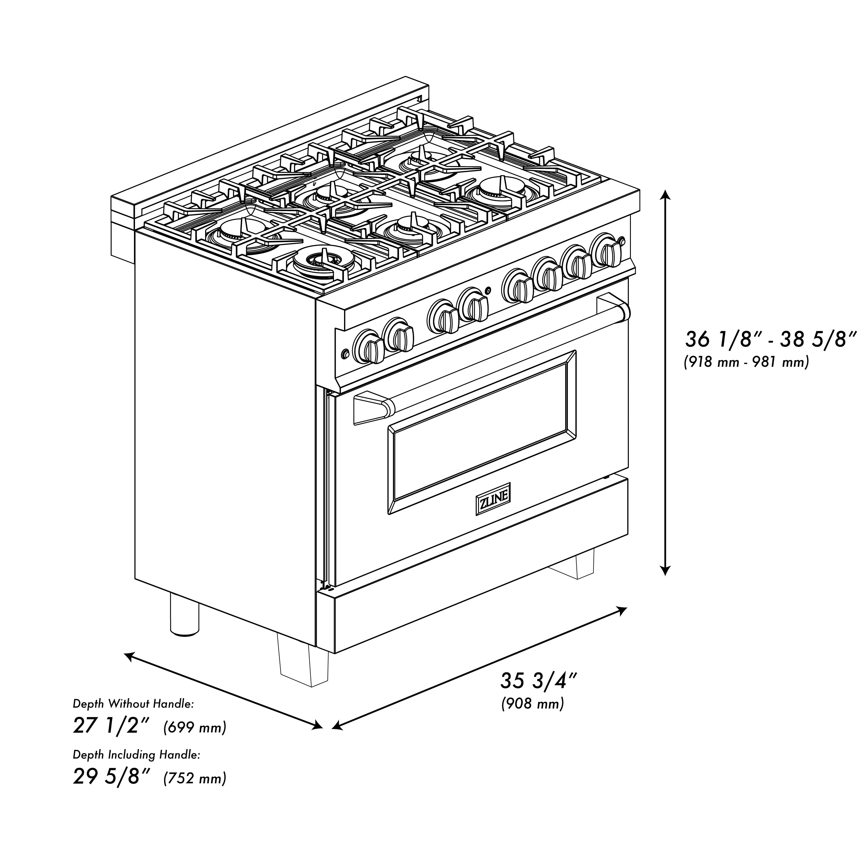 ZLINE 36-inch dual fuel range dimensions diagram, black stainless steel